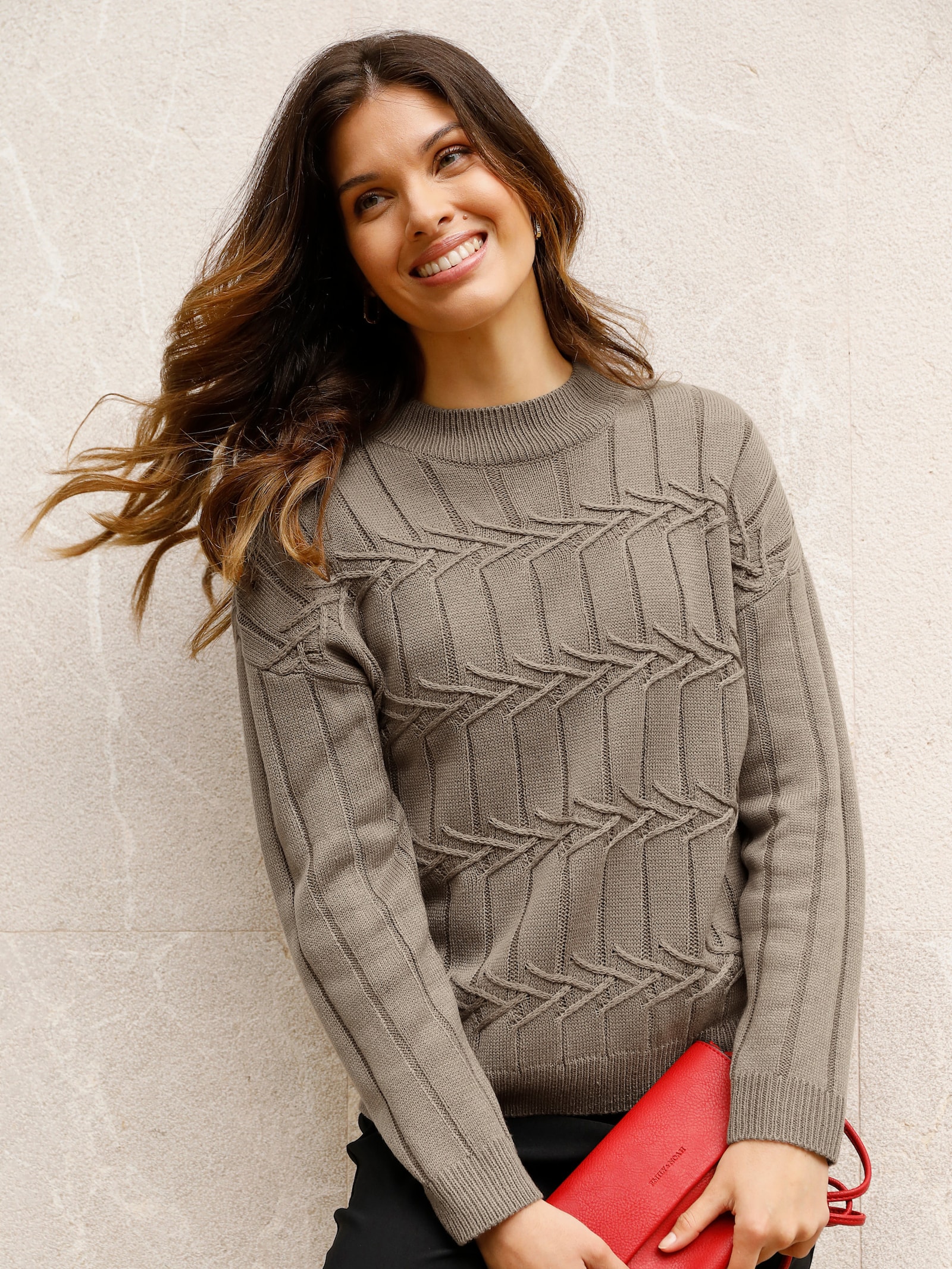 Pullover met opstaande kraag en breipatroon - taupe