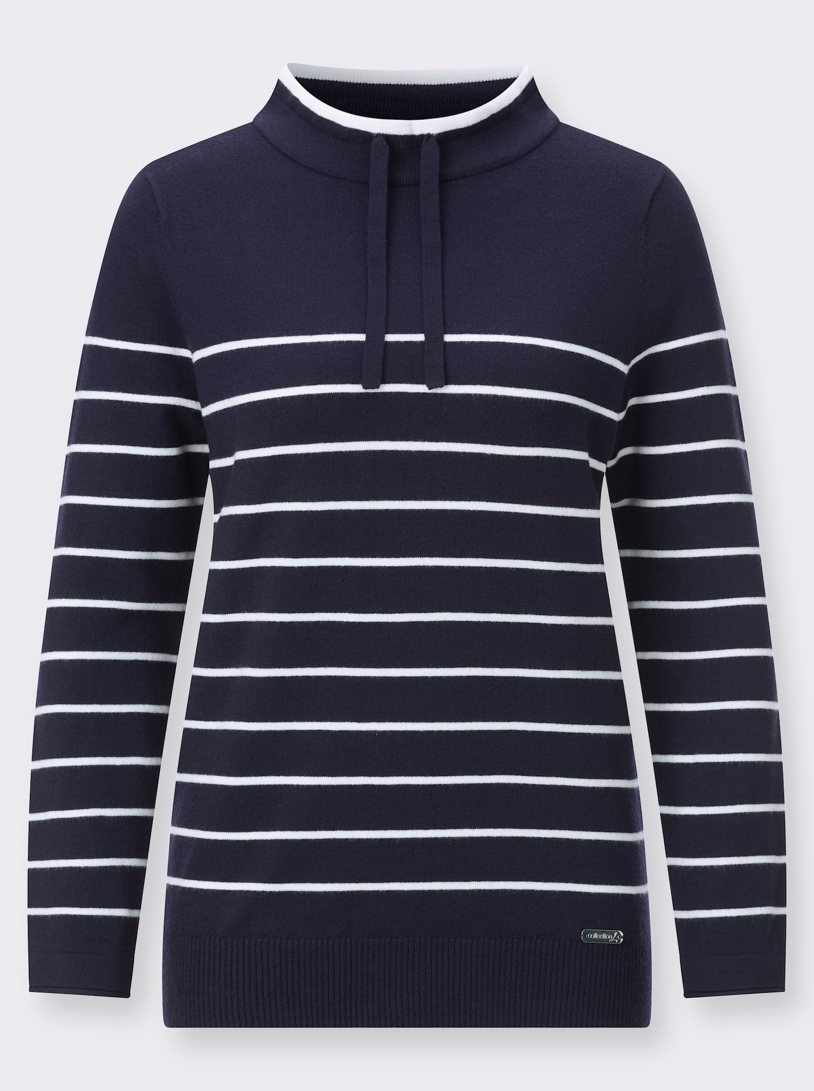 Stehkragenpullover mit sportiven Details - marine-ecru-geringelt