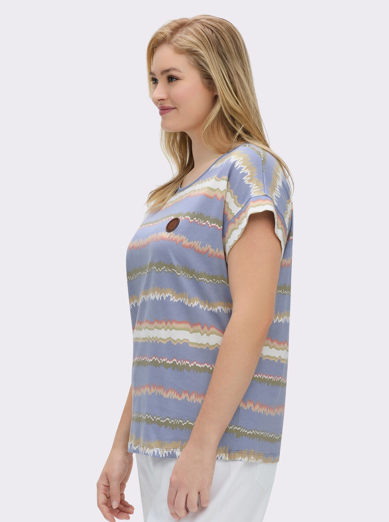 Print-Shirt mit Ziernähten, geringelt - taubenblau-ecru-bedruckt