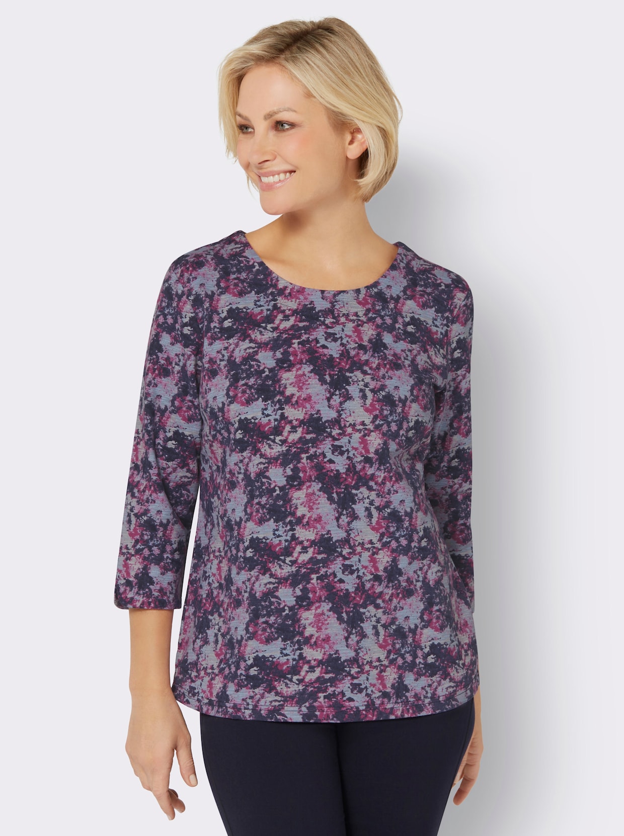 Shirt met 3/4-mouw - orchidee/marine bedrukt