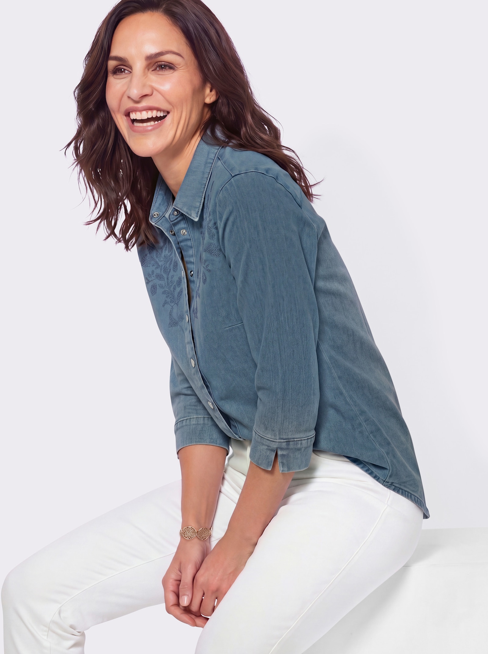 Jeansbluse mit Stickerei - blue-bleached
