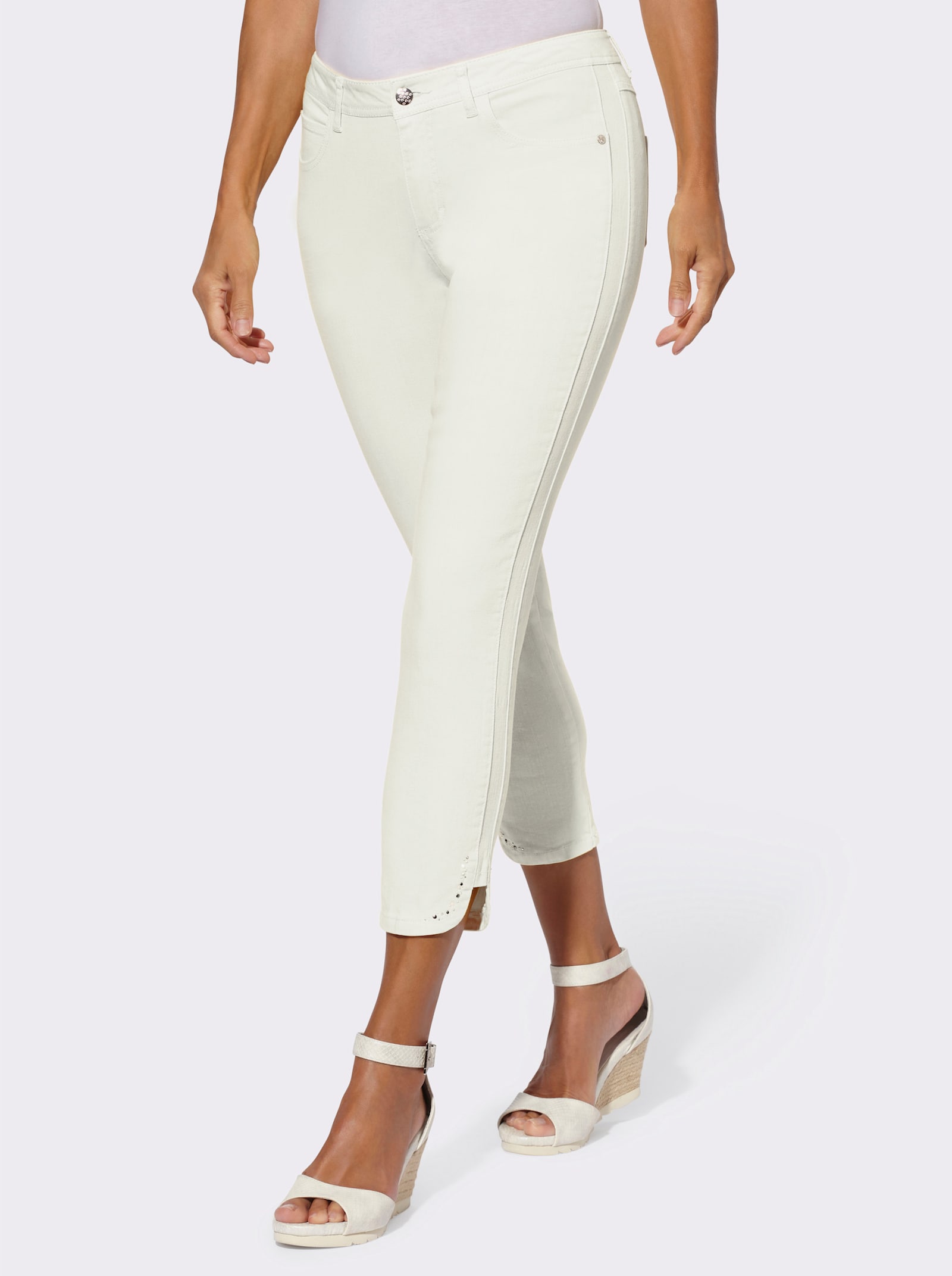 7/8-Jeans mit Glitzersteinchen an den Beinschlitzen - ecru
