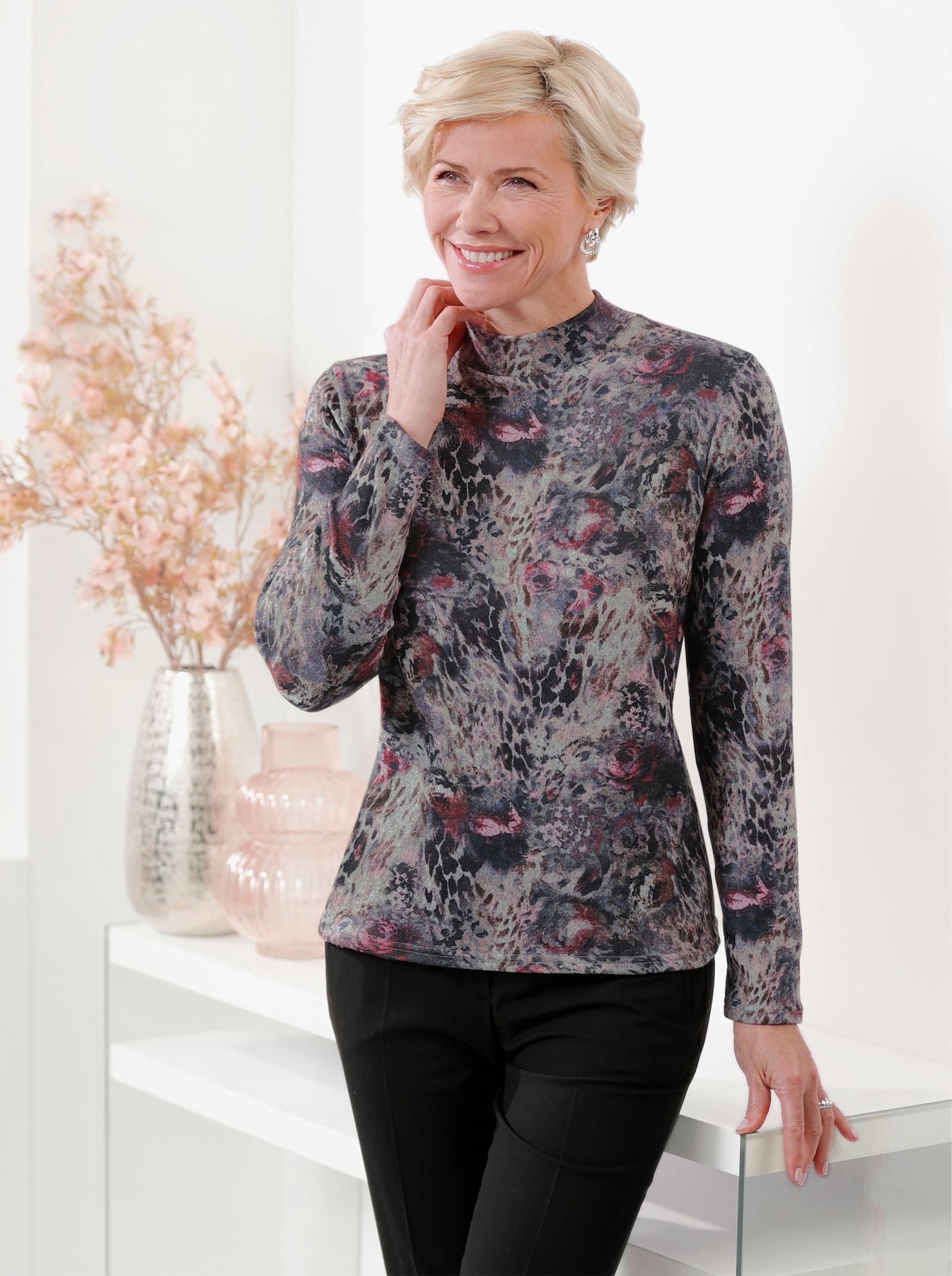 Shirt met opstaande kraag in gebloemd dierendessin - steengrijs/bordeaux bedrukt