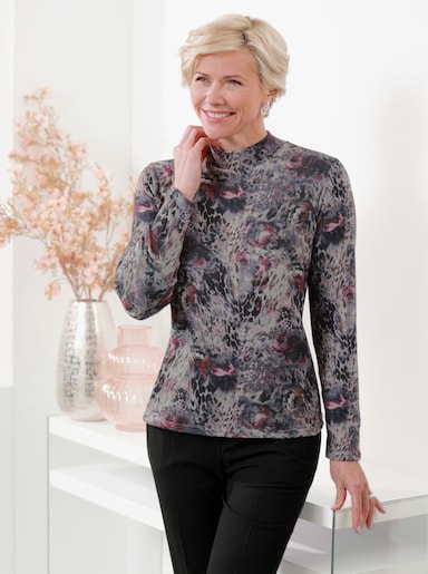 Stehkragenshirt - steingrau-burgund-bedruckt