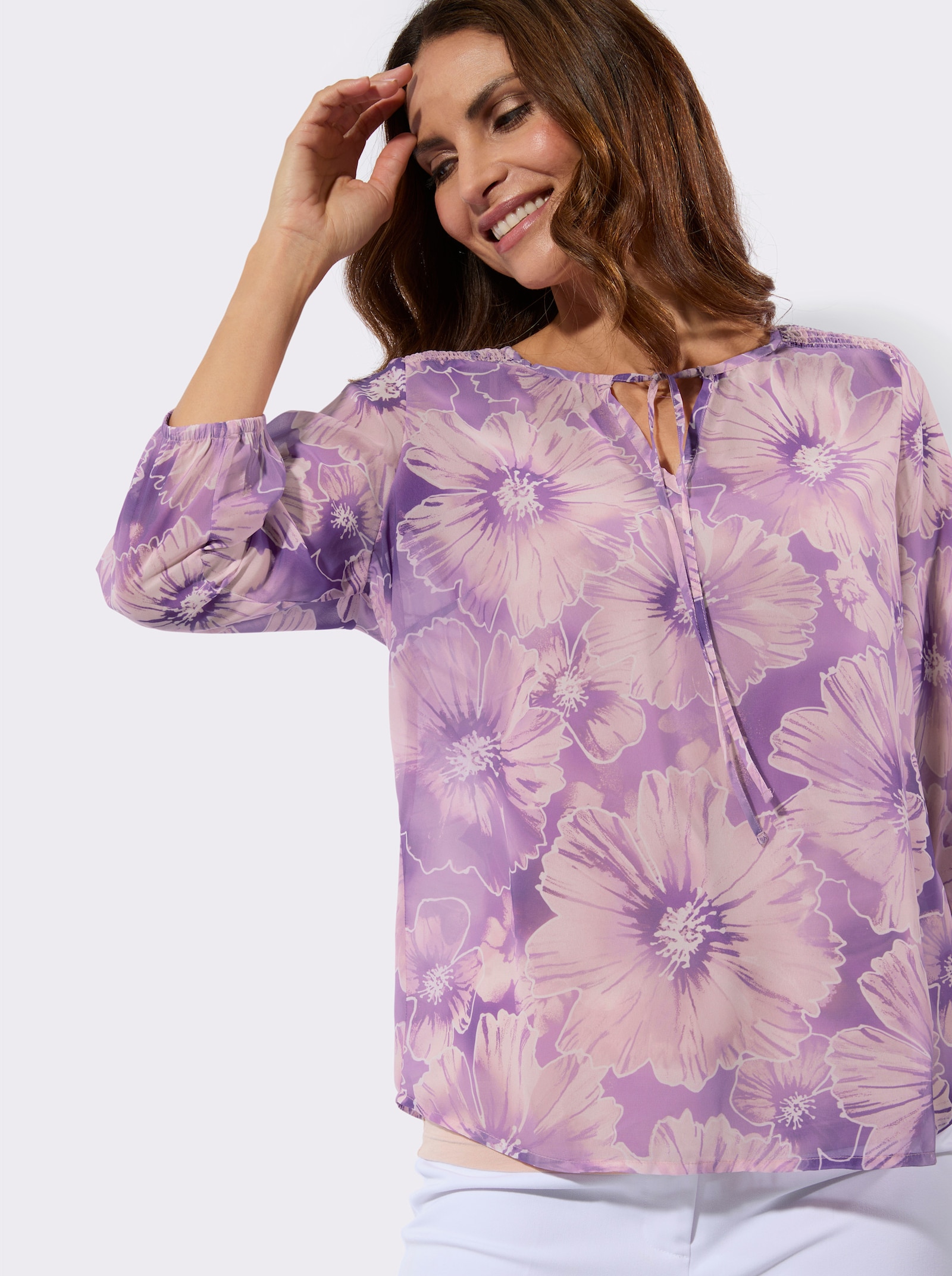Blouse met print en smokinzet - orchidee/roze bedrukt