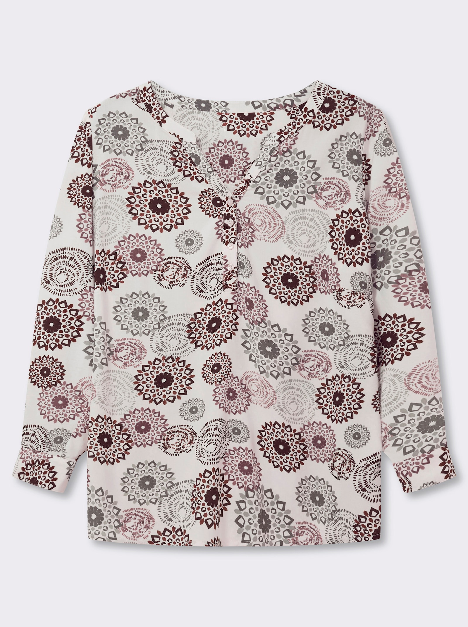 Langarmbluse mit Krempelfunktion - ecru-burgund-bedruckt