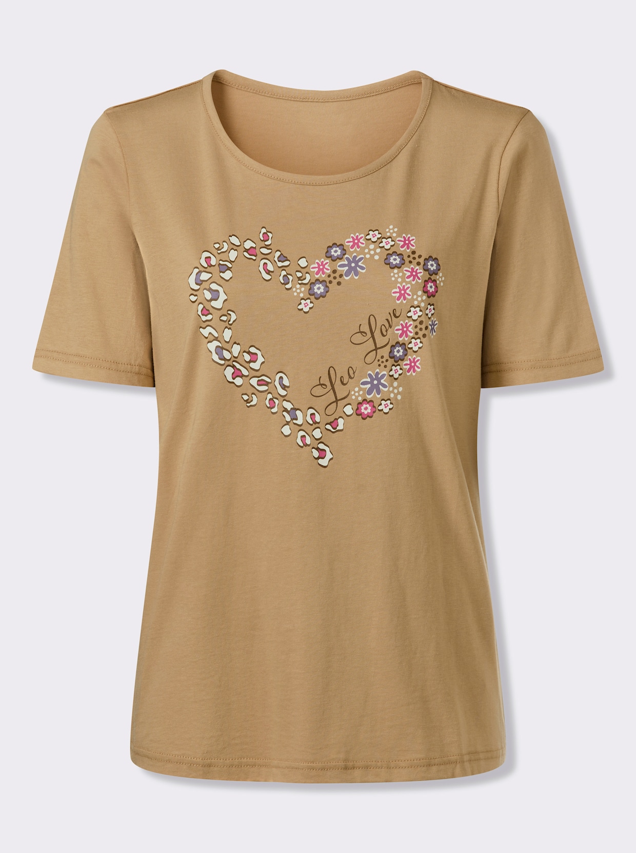 Rundhalsshirt mit Herzprint - camel-braun-bedruckt
