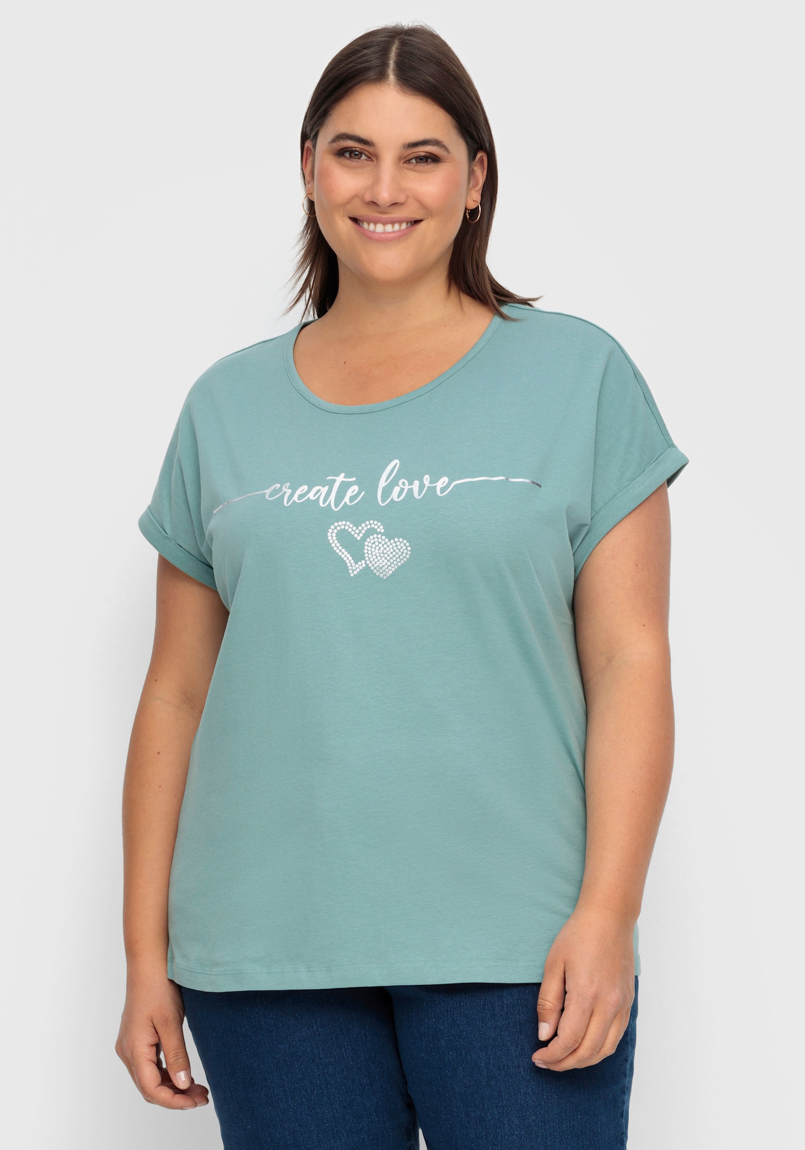 Rundhalsshirt mit Ärmel-Aufschlag - jade