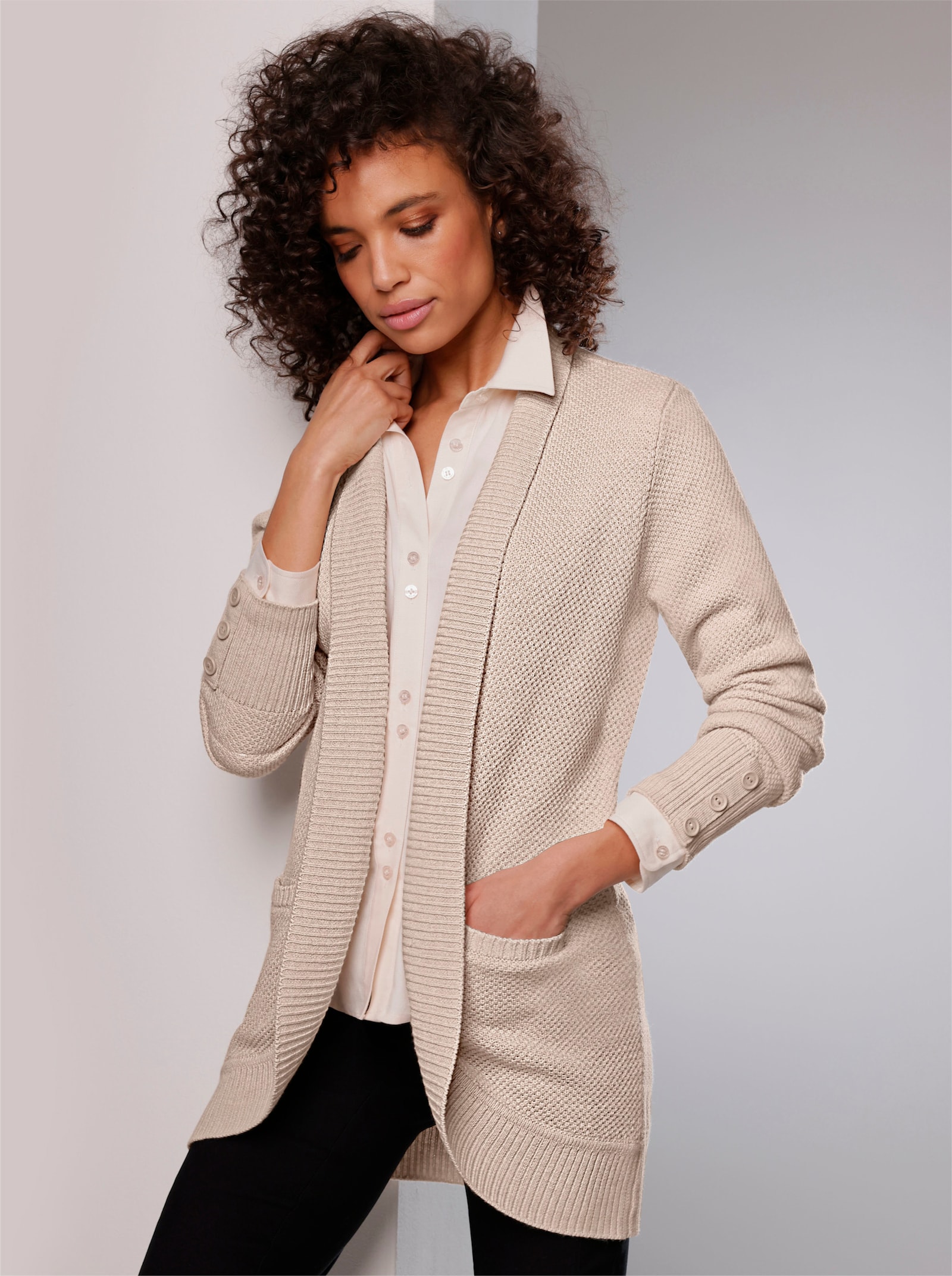 CREATION L PREMIUM Longstrickjacke verschlusslose Form - elfenbein-ecru-meliert