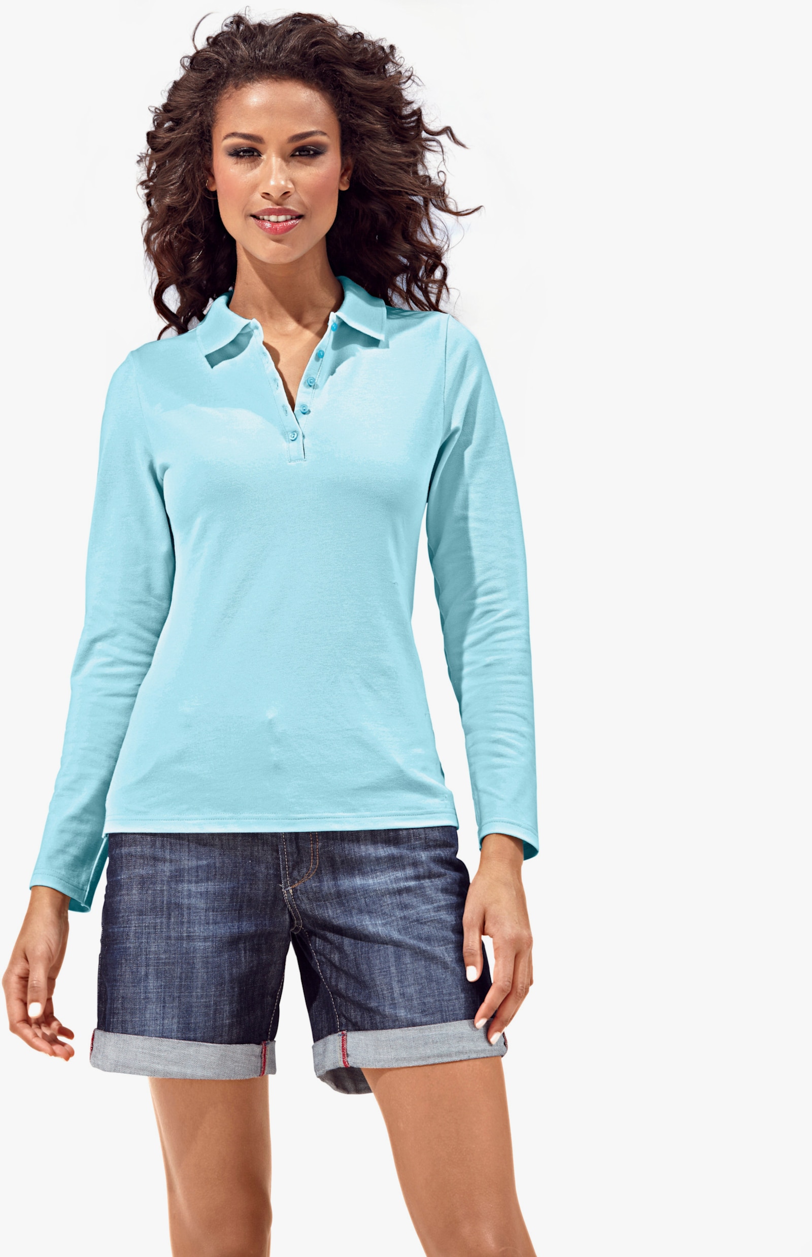 heine Langarm-Poloshirt in Pikee-Qualität - türkis