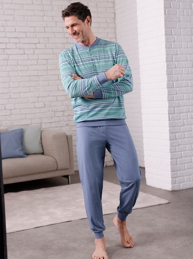 wäschepur men Schlafanzug in 2 Qualitäten - taubenblau-salbei-gestreift