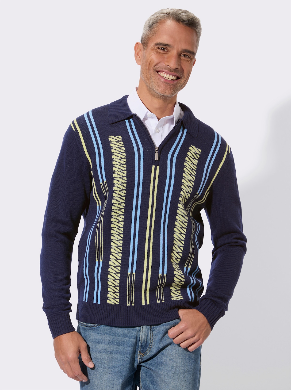Polopullover im Jacquardmuster - marine-zitrone-gemustert