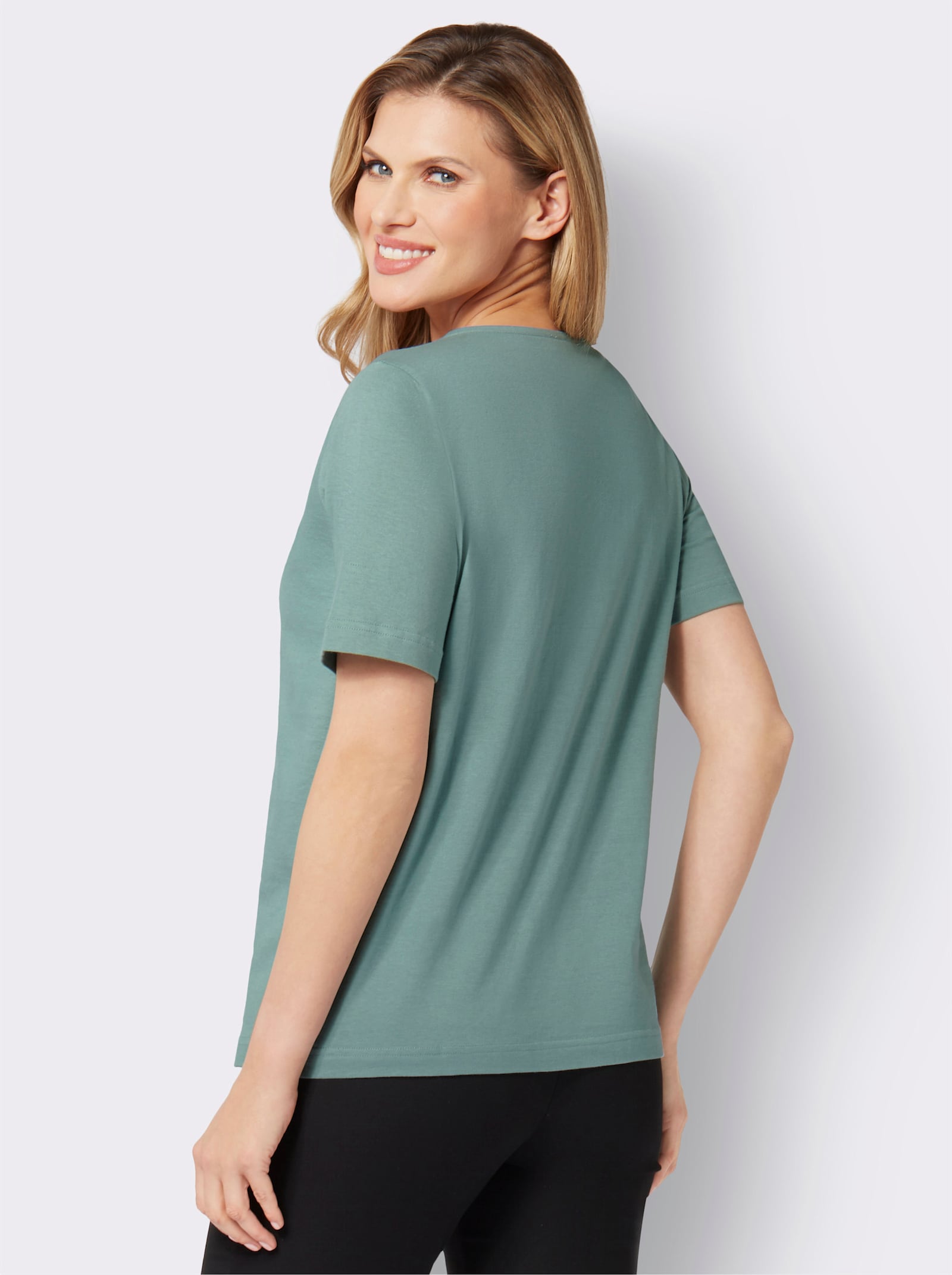 Tričko s krátkým rukávem s ažurovou výšivkou - nefritová