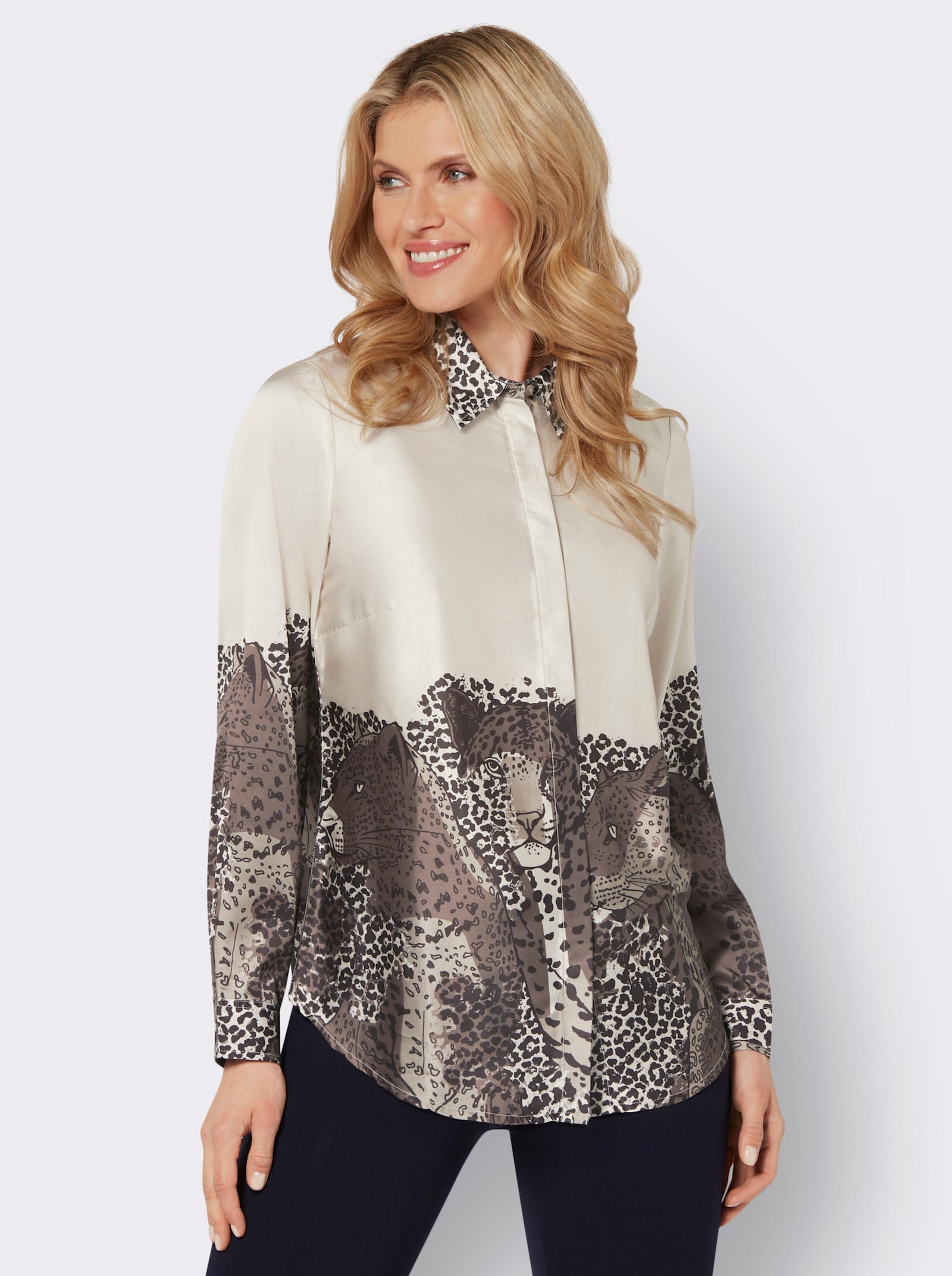 Overhemdblouse van glanzend satijn - ivoor/donkertaupe bedrukt