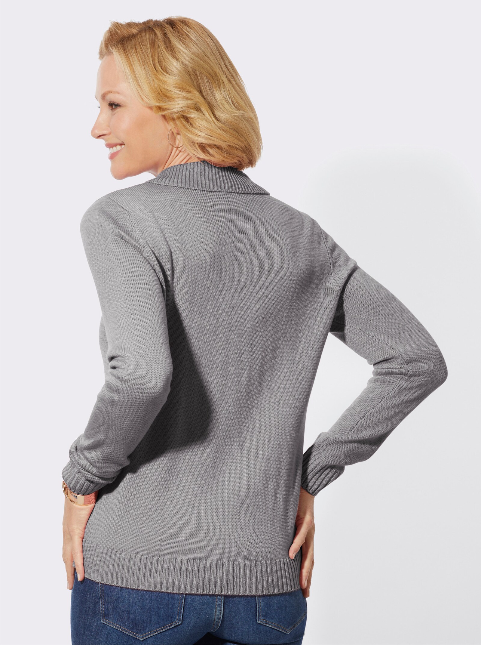 Pullover met V-hals en sierknopen - steengrijs