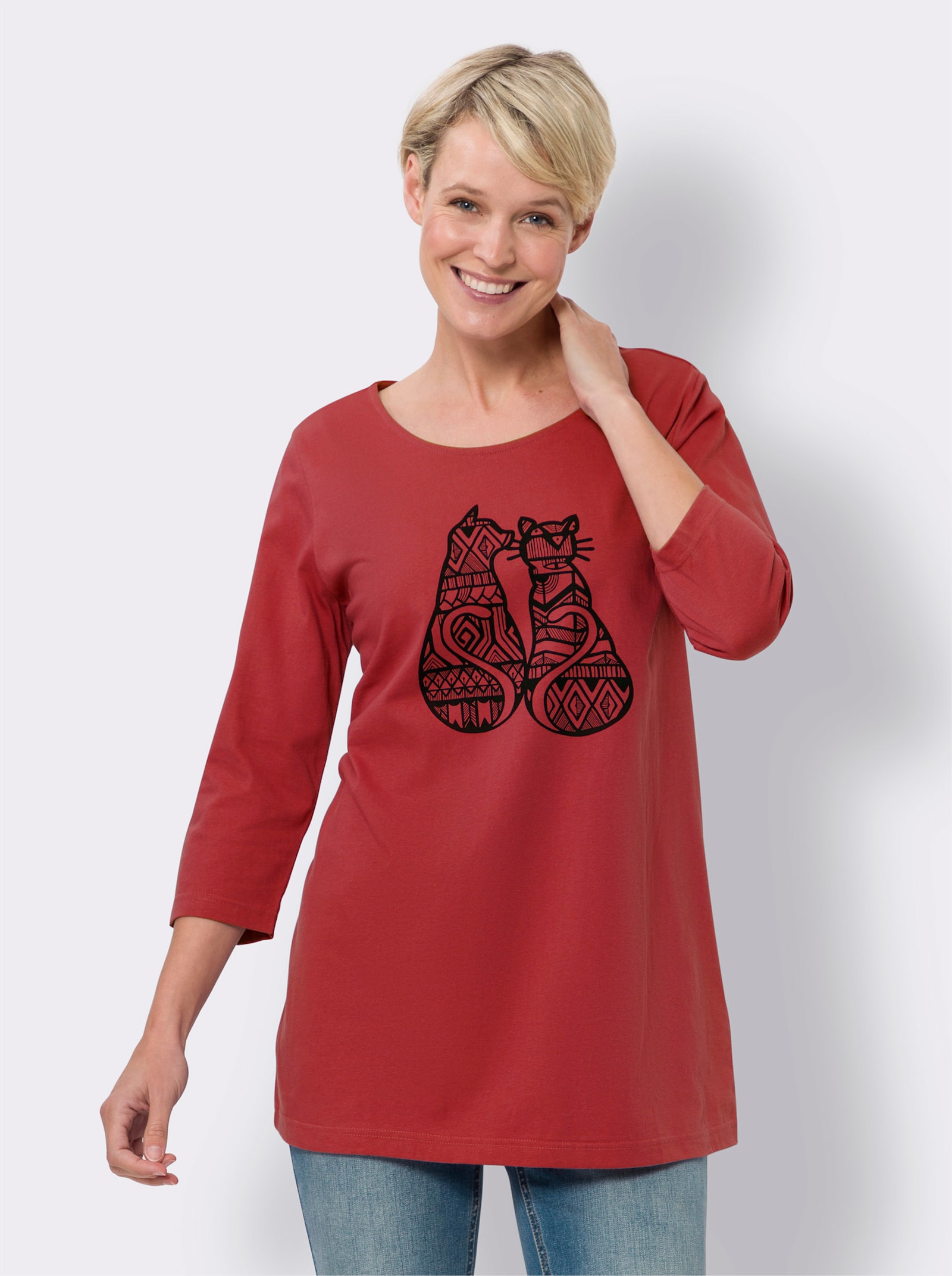 Longshirt mit Katzen-Print - kirsche-schwarz
