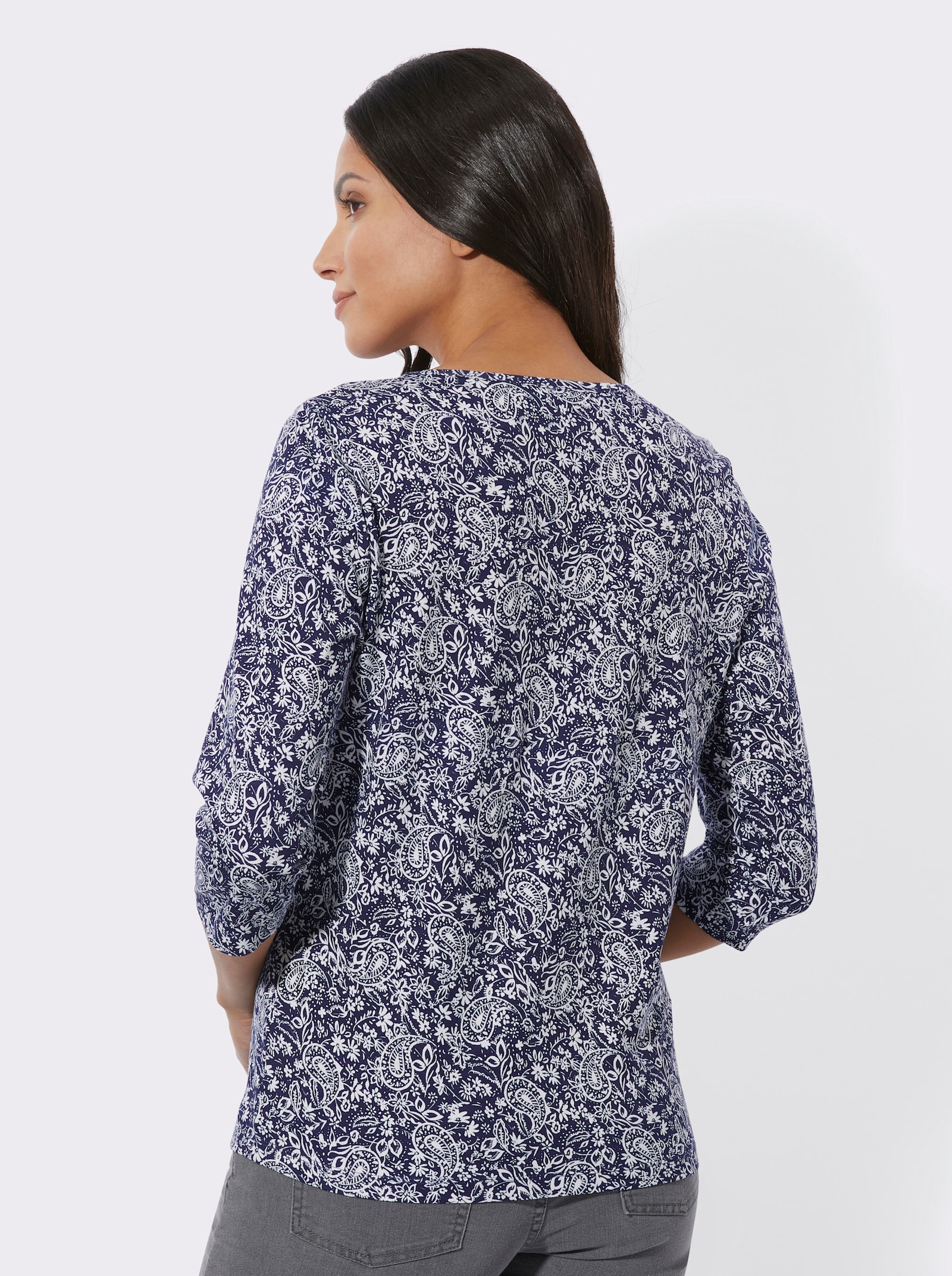 Shirt in paisleydessin, met ronde hals - marine/ecru geprint