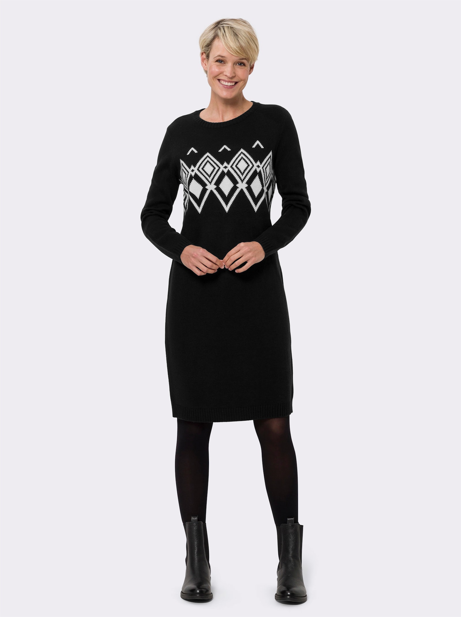 Strickkleid mit Norweger-Muster - schwarz-ecru