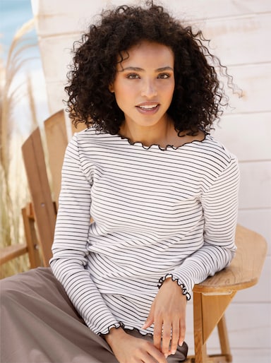 heine Geribd shirt met streepjes - ecru/donkertaupe gestreept