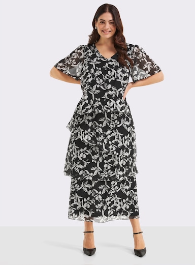 sheego Chiffonkleid mit drapierten Volants - schwarz-weiß-gemustert