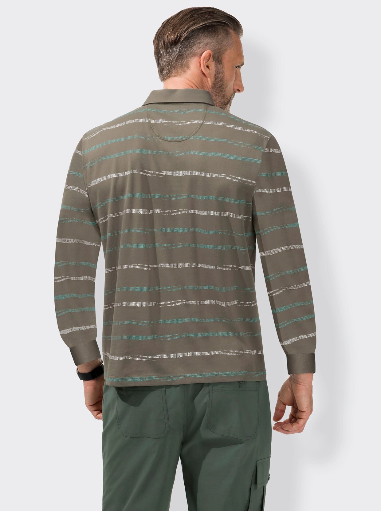 Hajo Poloshirt met lange mouwen - rietgroen gestreept
