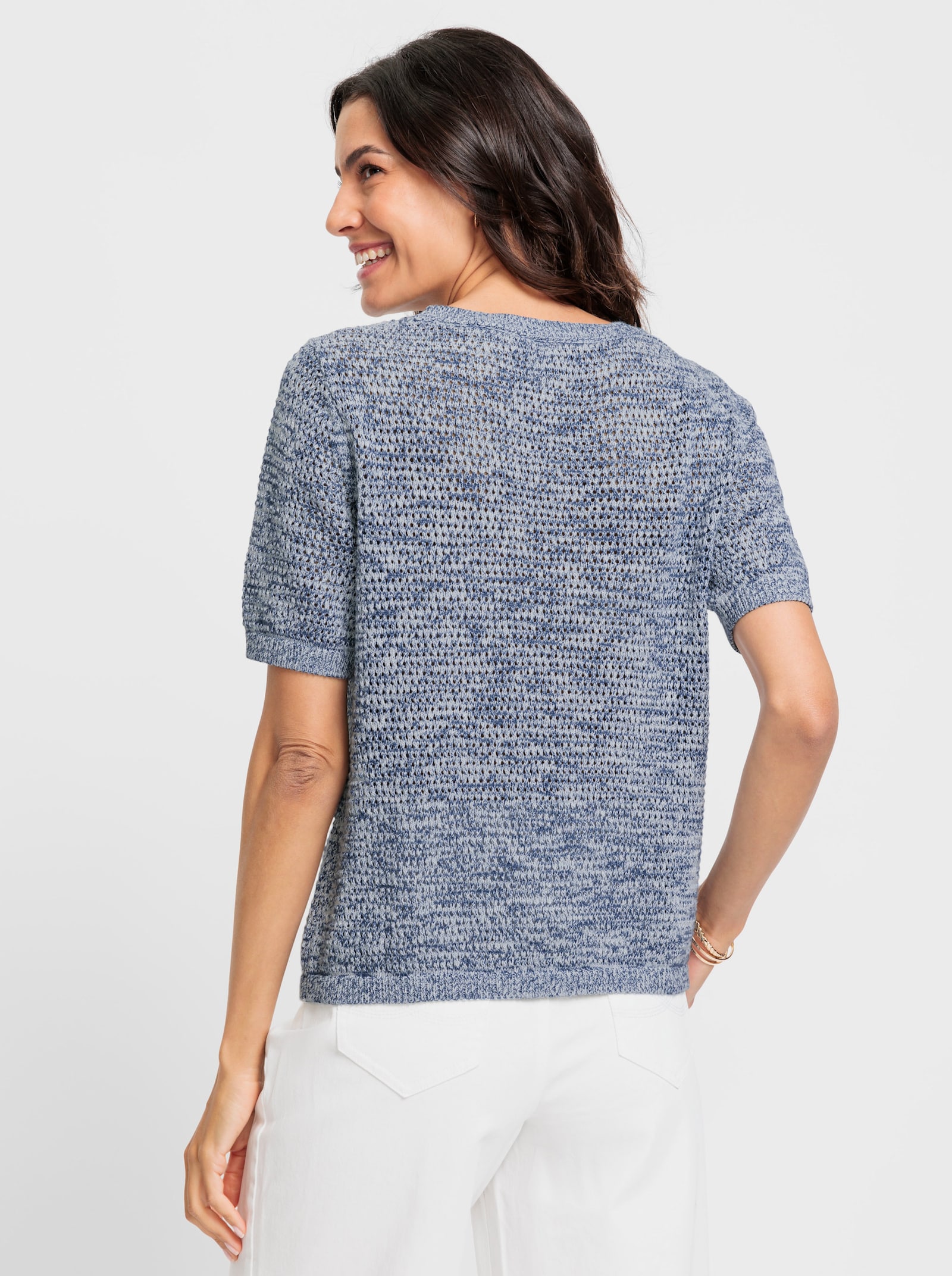 Ajourpullover mit V-förmigem Linksstrick - jeansblau-hellblau-meliert