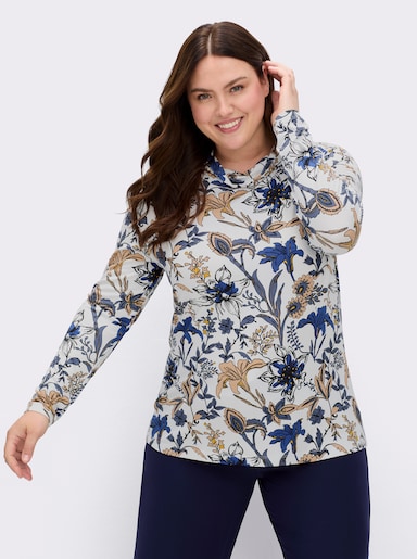 Print-Shirt mit halsfernem Rollkragen - ecru-royalblau-bedruckt