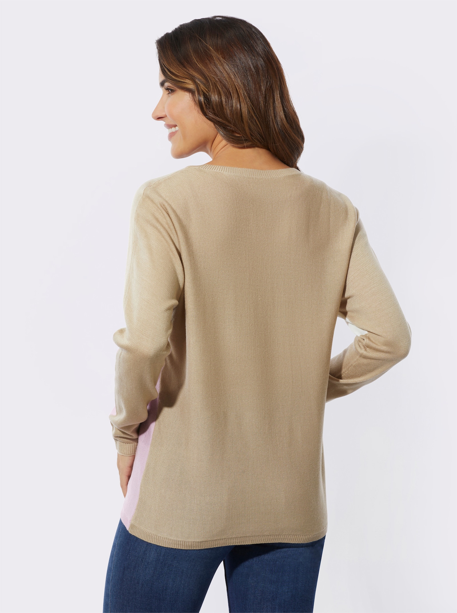 Rundhalspullover mit Fledermaus-Ärmeln - beige-ecru-gemustert