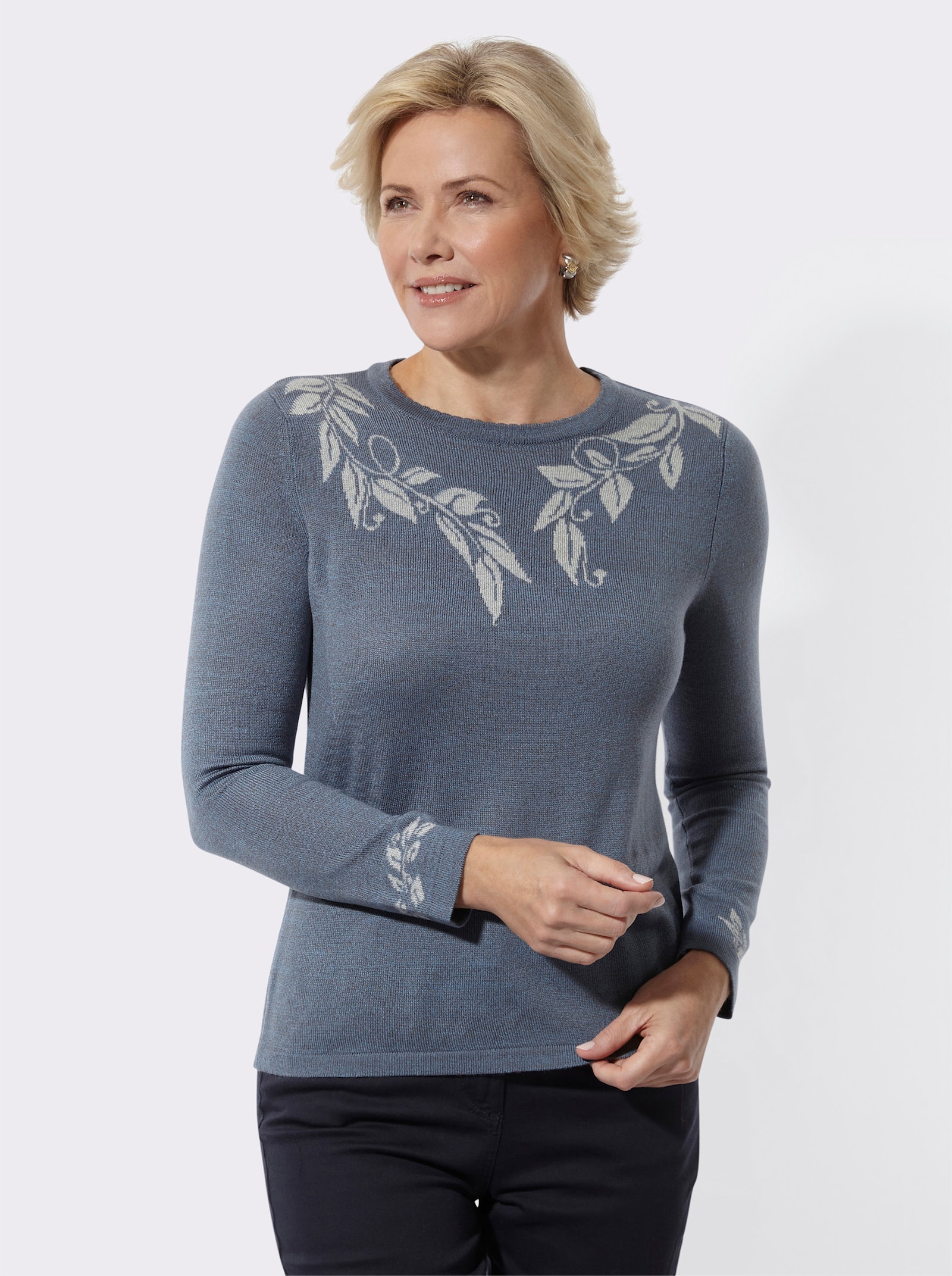 Rundhalspullover - mittelblau-meliert