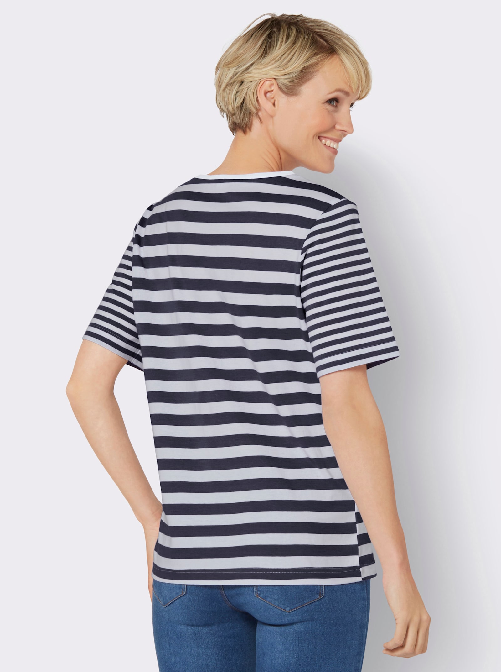 Kurzarmshirt , hochwertig garngefärbt - marine-weiß-geringelt