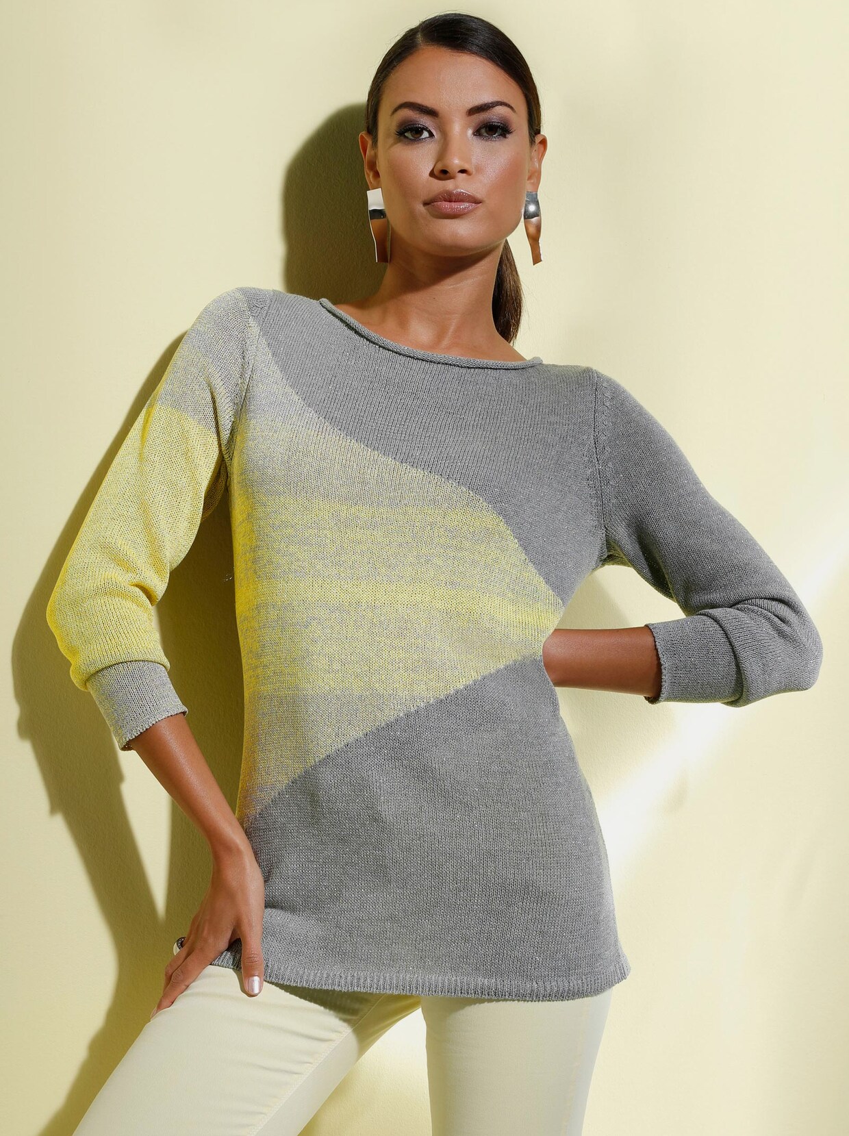 Strickpullover - steingrau-zitrone