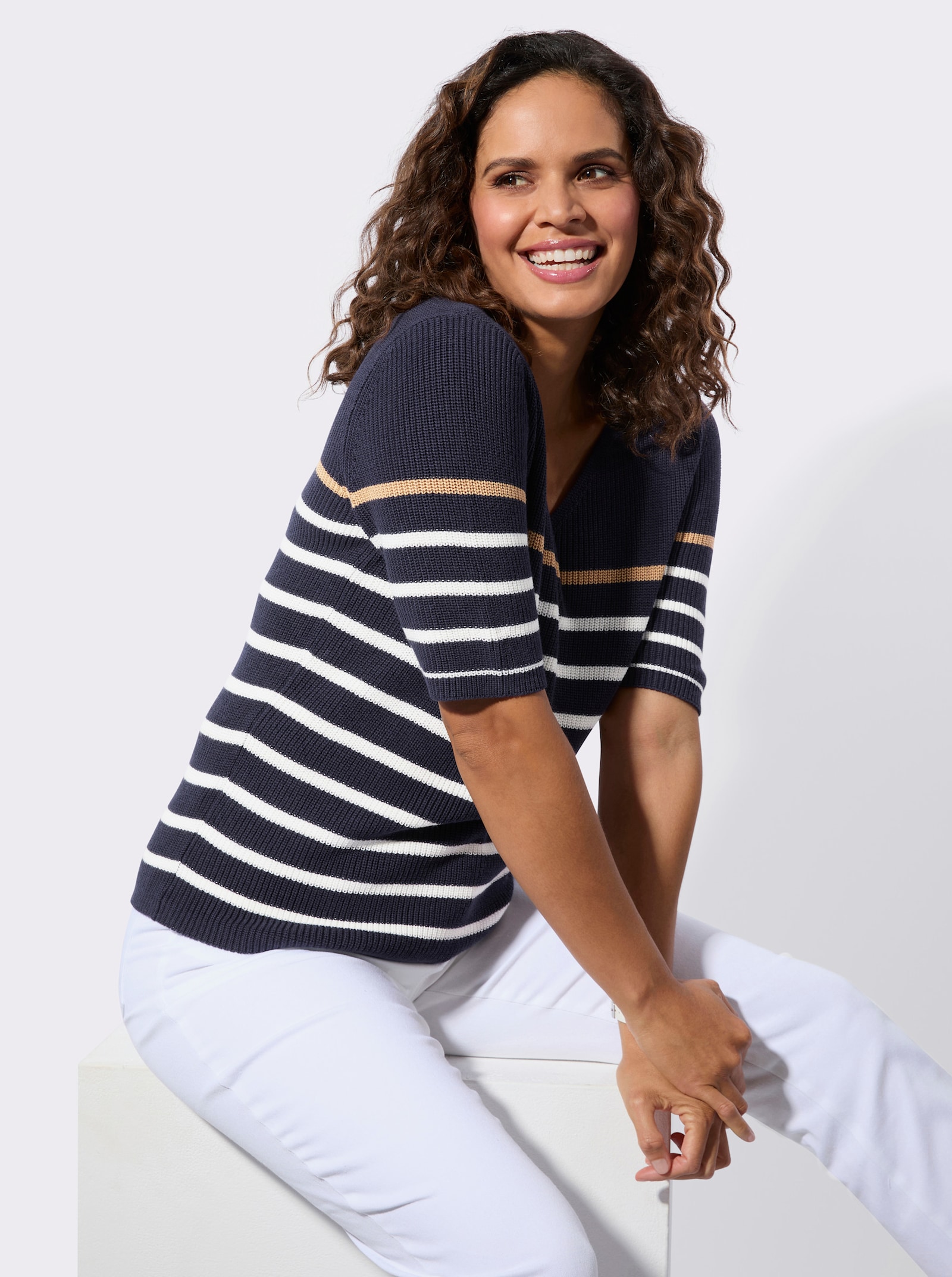 Kurzarmpullover im Baumwoll-Viskose-Mix - marine-ecru-geringelt