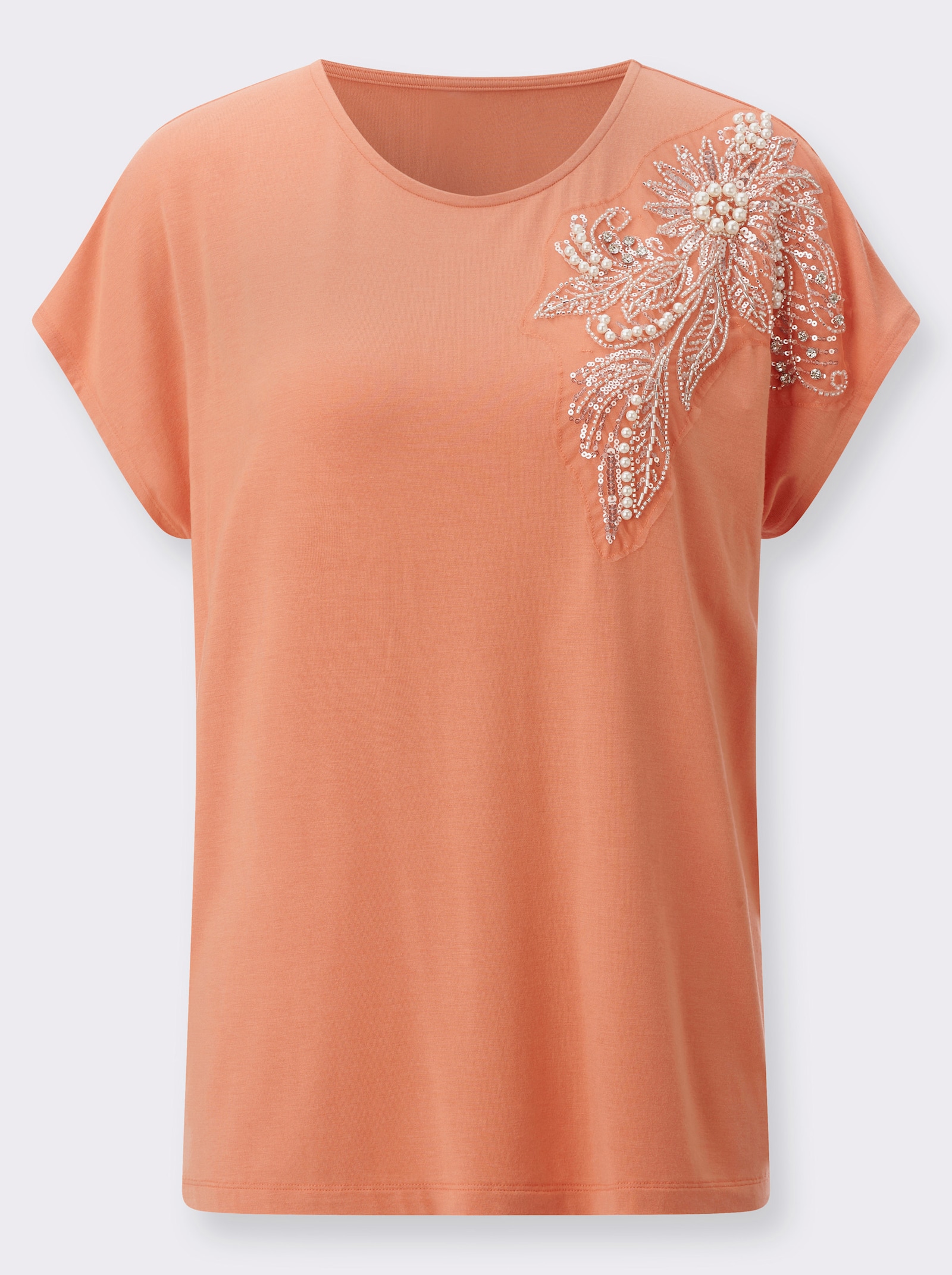 Rundhalsshirt mit Zierperlen und Pailletten - papaya