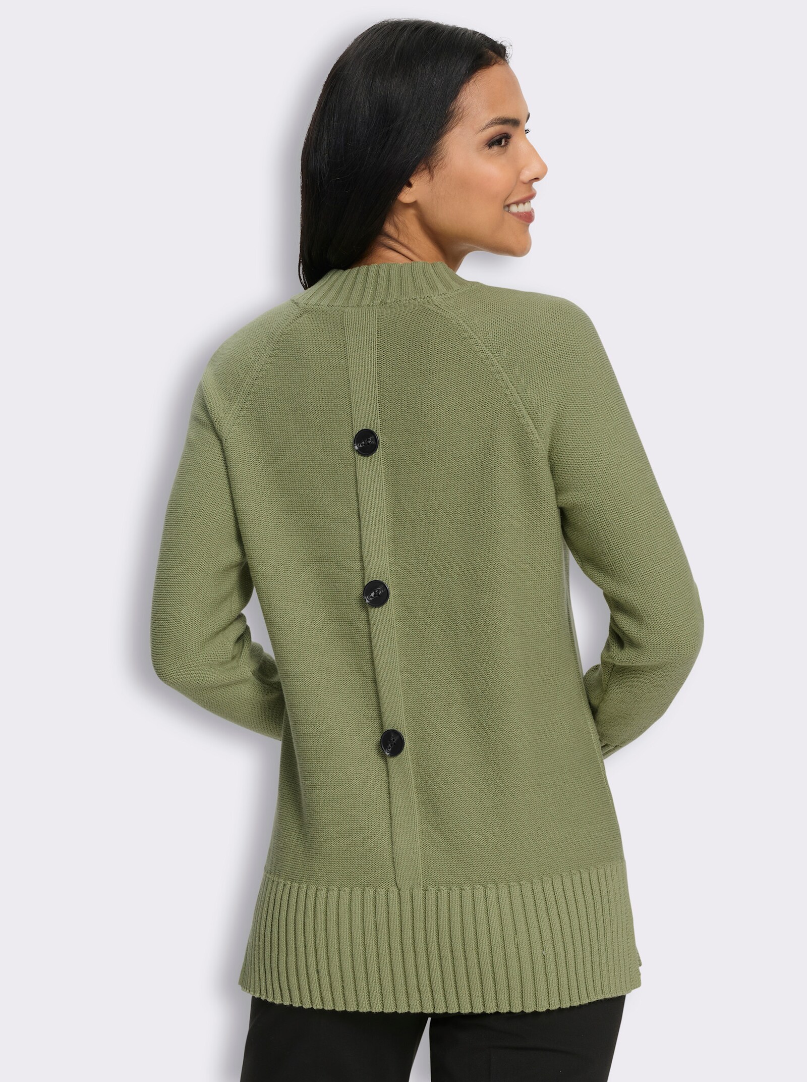 Stehkragenpullover mit Zierknopfleiste hinten - schilf
