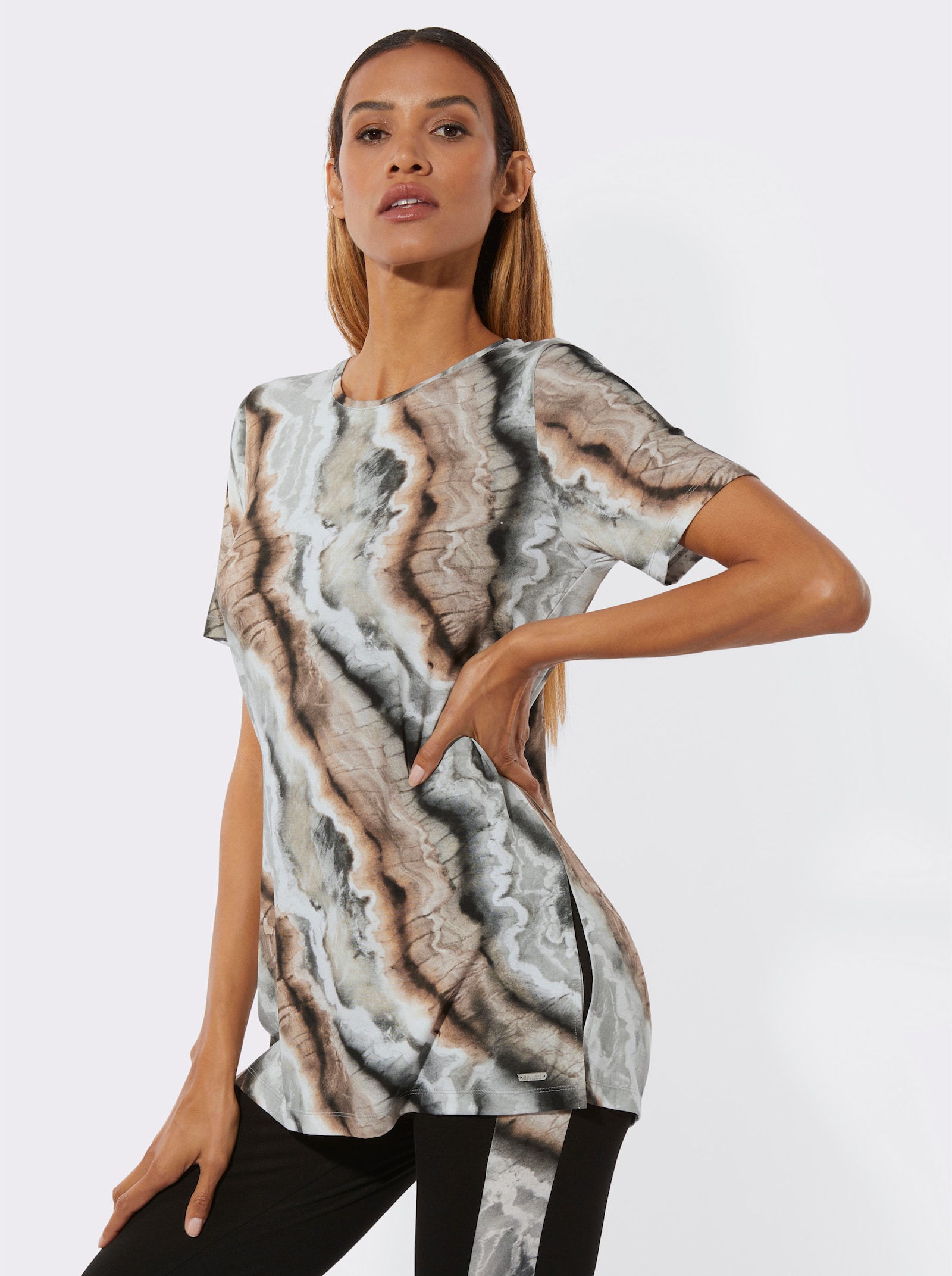 feel good Longshirt - schwarz-camel-bedruckt