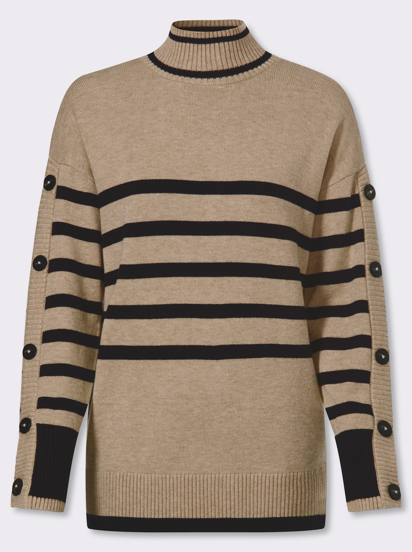 heine Stehkragenpullover mit Zierknöpfen - beige-schwarz-gestreift