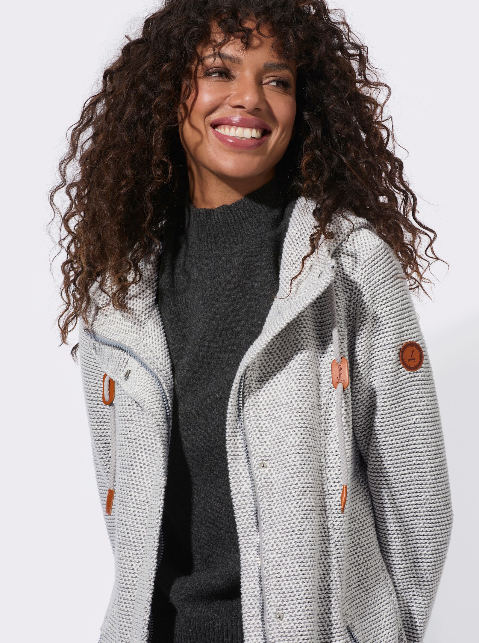  Shirtjacke mit Kapuze - steingrau-ecru-meliert