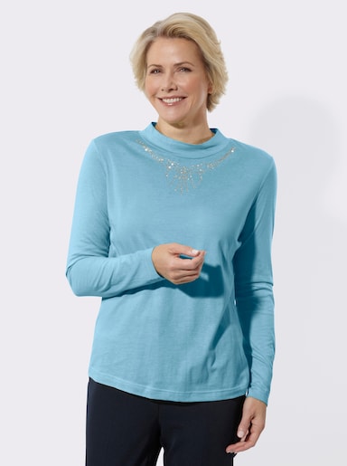 Stehkragenshirt mit Glitzersteinchen - aqua
