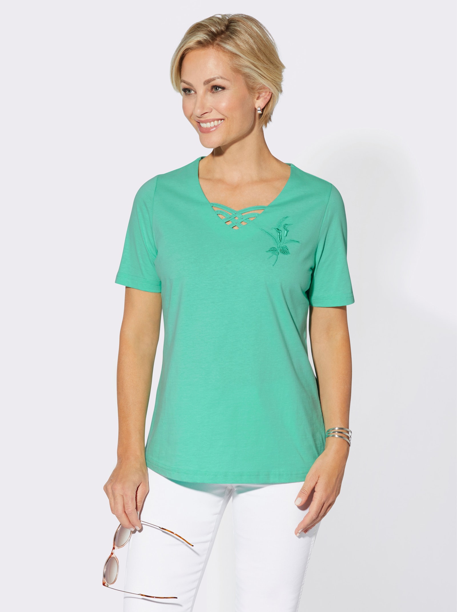 Tričko s krátkým rukávem a dekorací na výstřihu do V - modrozelená