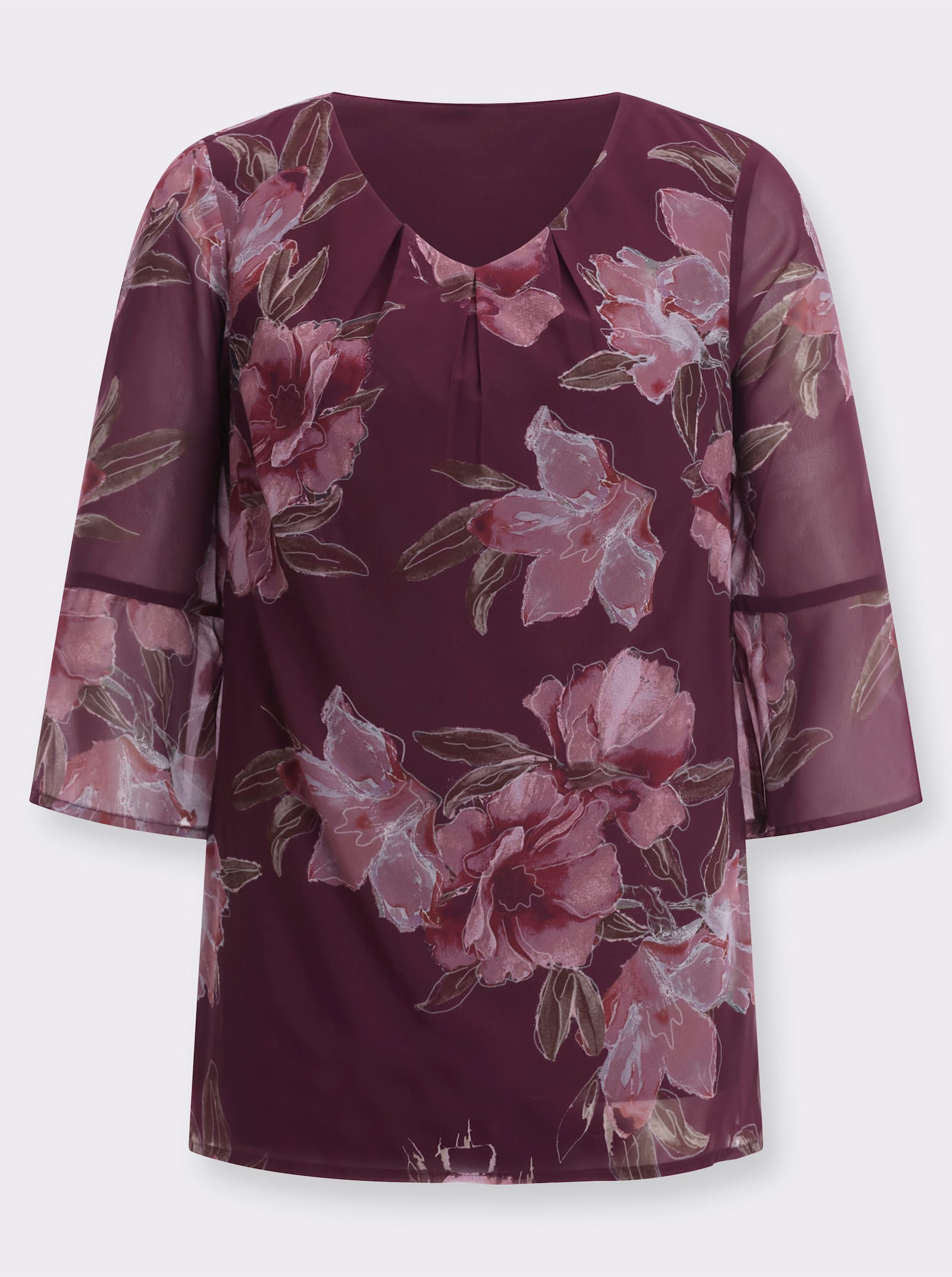 Navlékací halenka s neprůhlednou podšívkou - burgundská-slézová-potisk