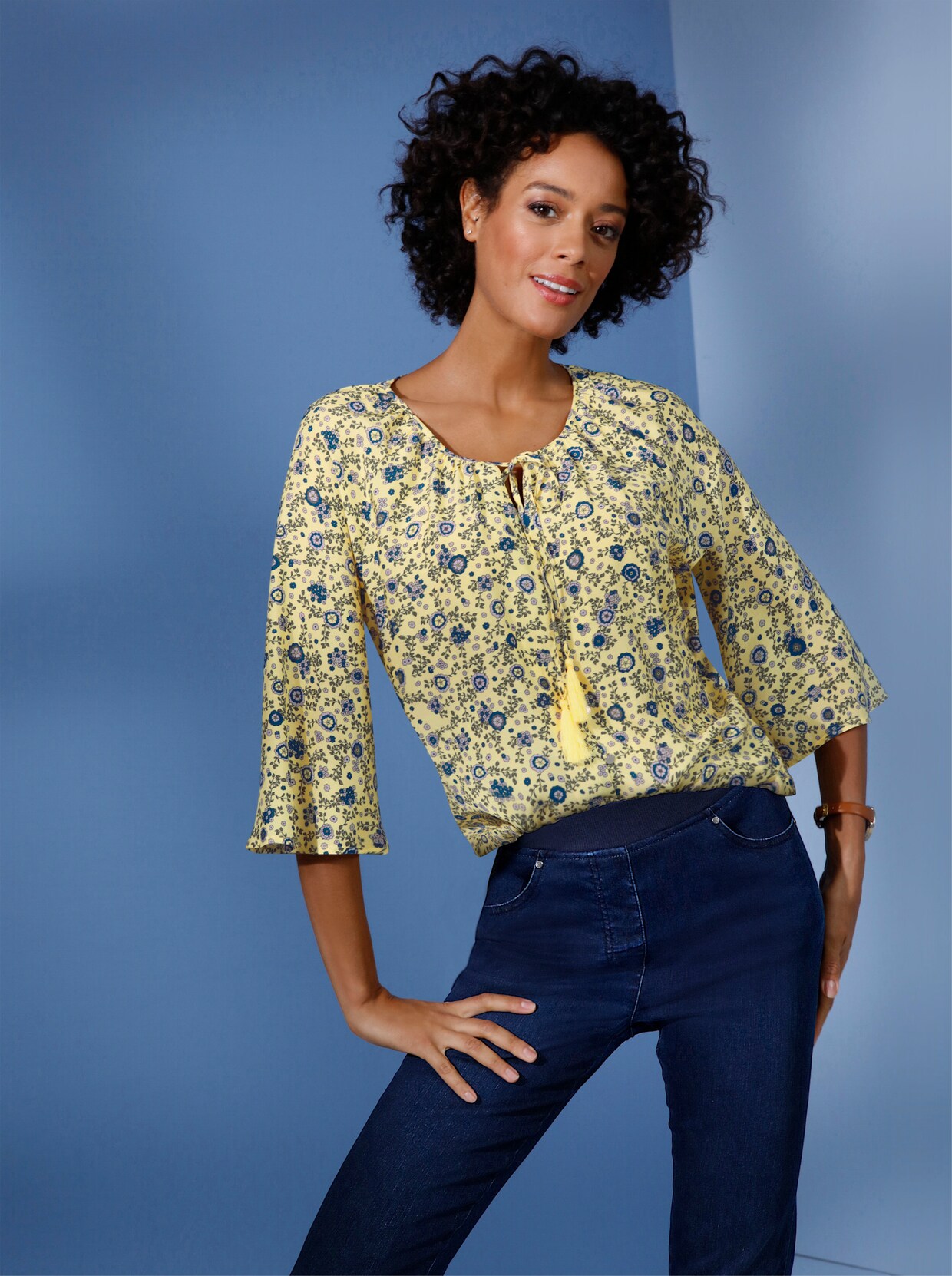 Creation L Premium Viskose-Seiden-Bluse - zitrone-jeansblau-bedruckt