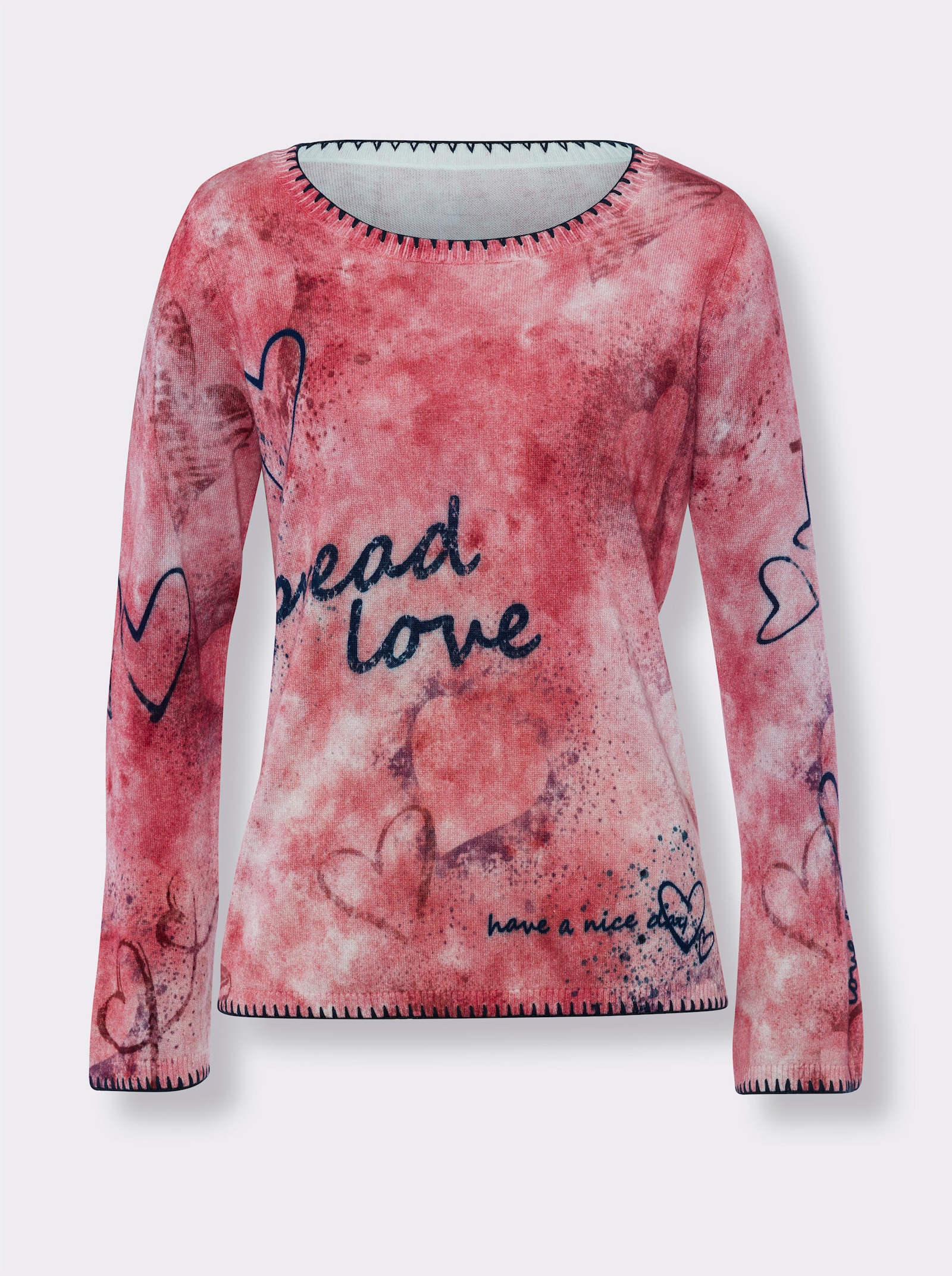 heine Langarm-Pullover mit Batikprint, Viskose-Mix - rot-ecru-bedruckt