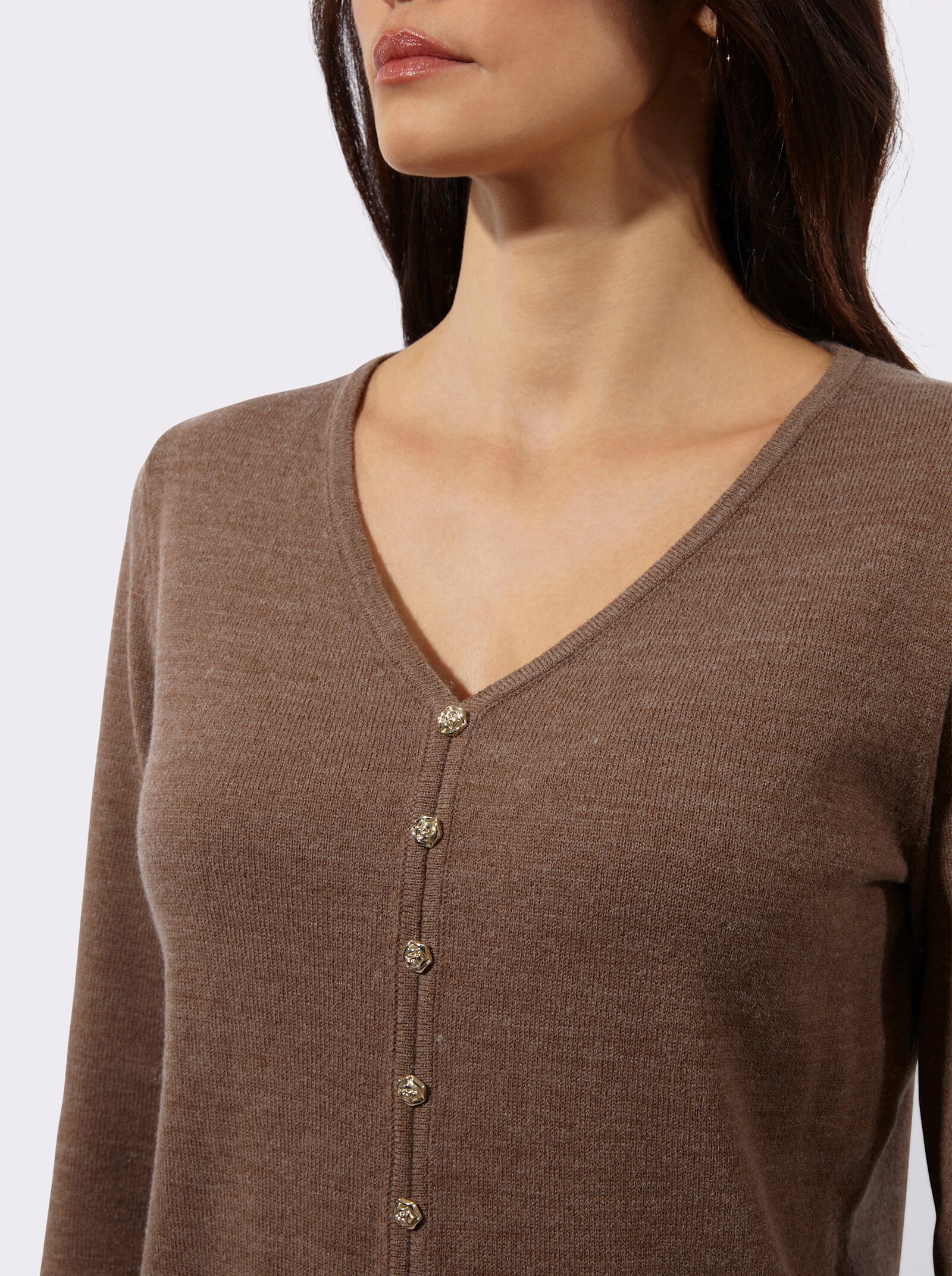 Langarm-Pullover mit Zierknopf-Leiste - braun