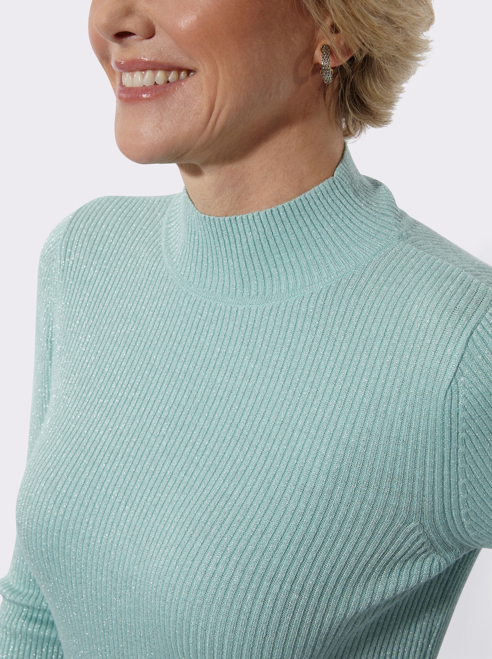 Stehkragenpullover mit Glanzgarn - mint-meliert
