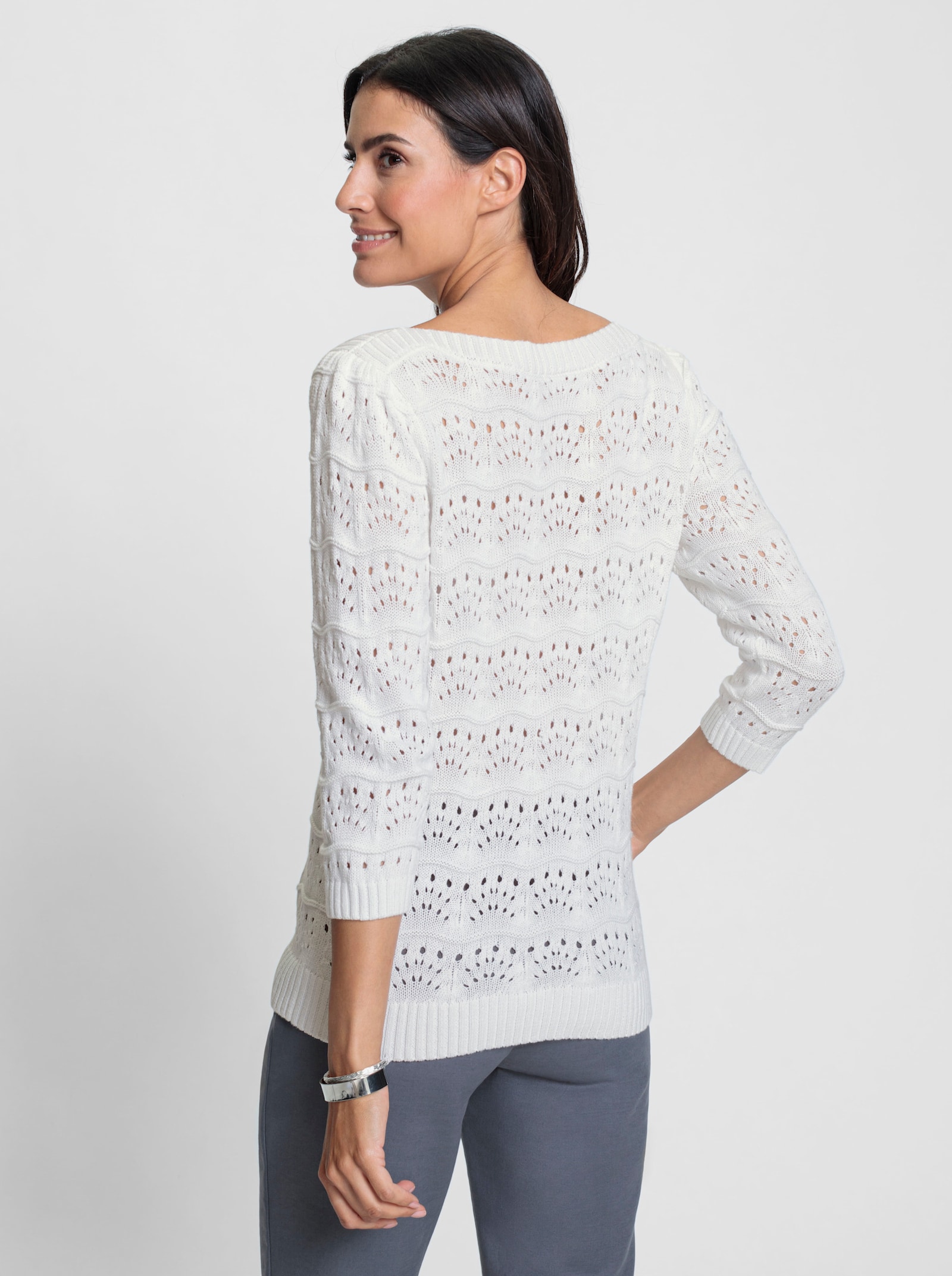 Ajourpullover mit U-Boot-Ausschnitt - weiß