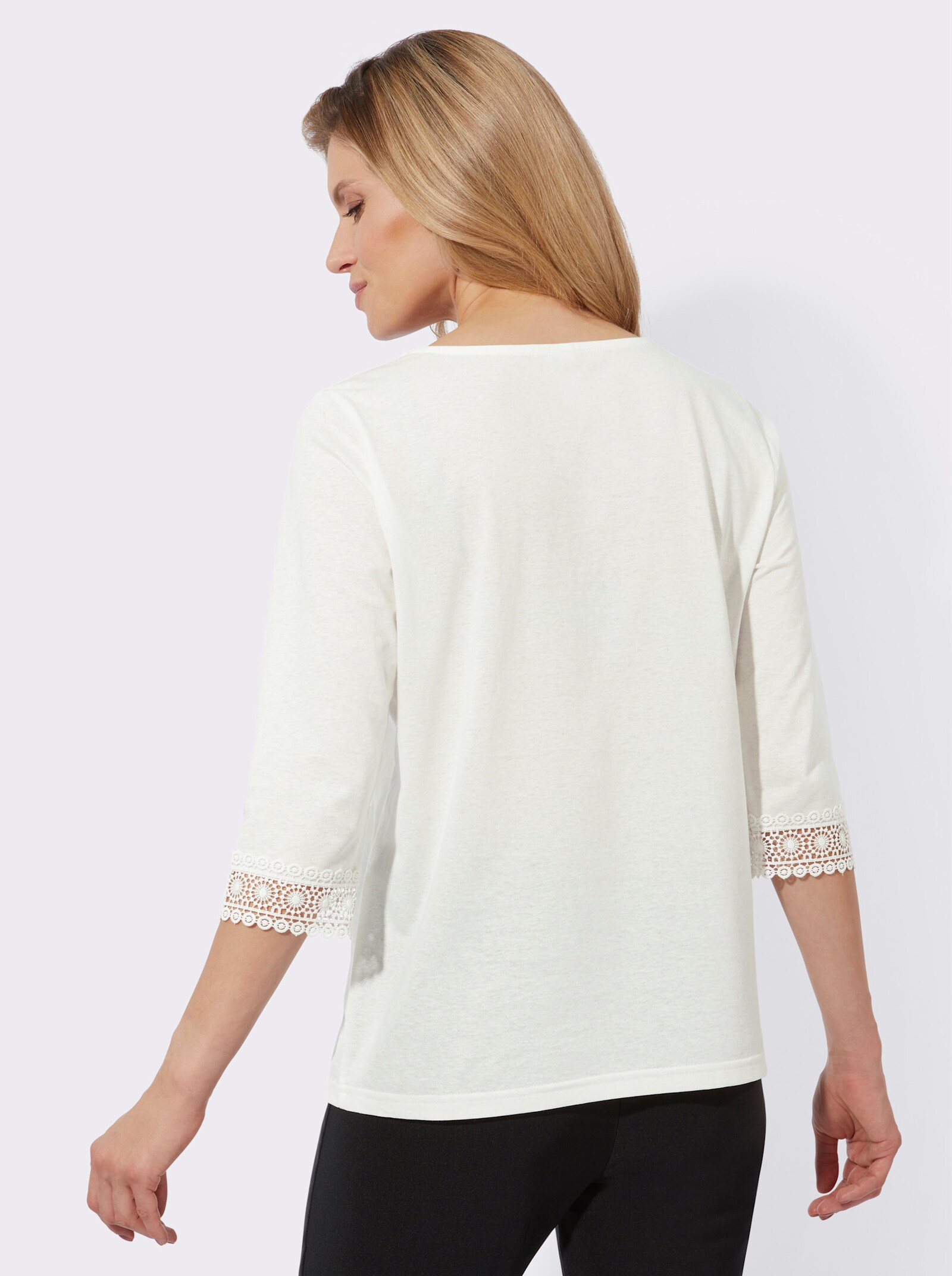 Shirt met 3/4-mouwen en kanten rand - ecru