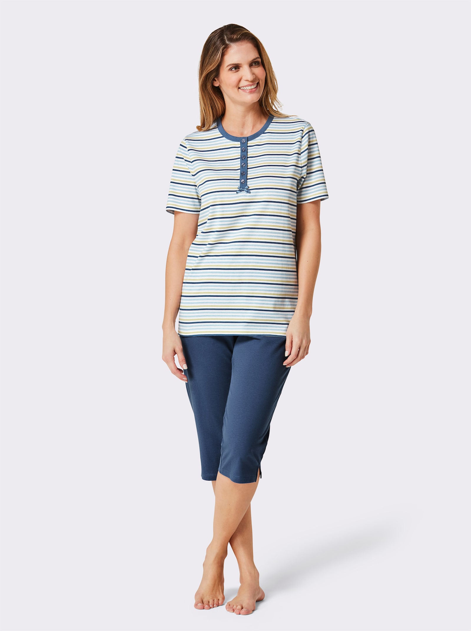 wäschepur Capri-Schlafanzüge mit Knopfleiste - jeansblau + jeansblau-geringelt