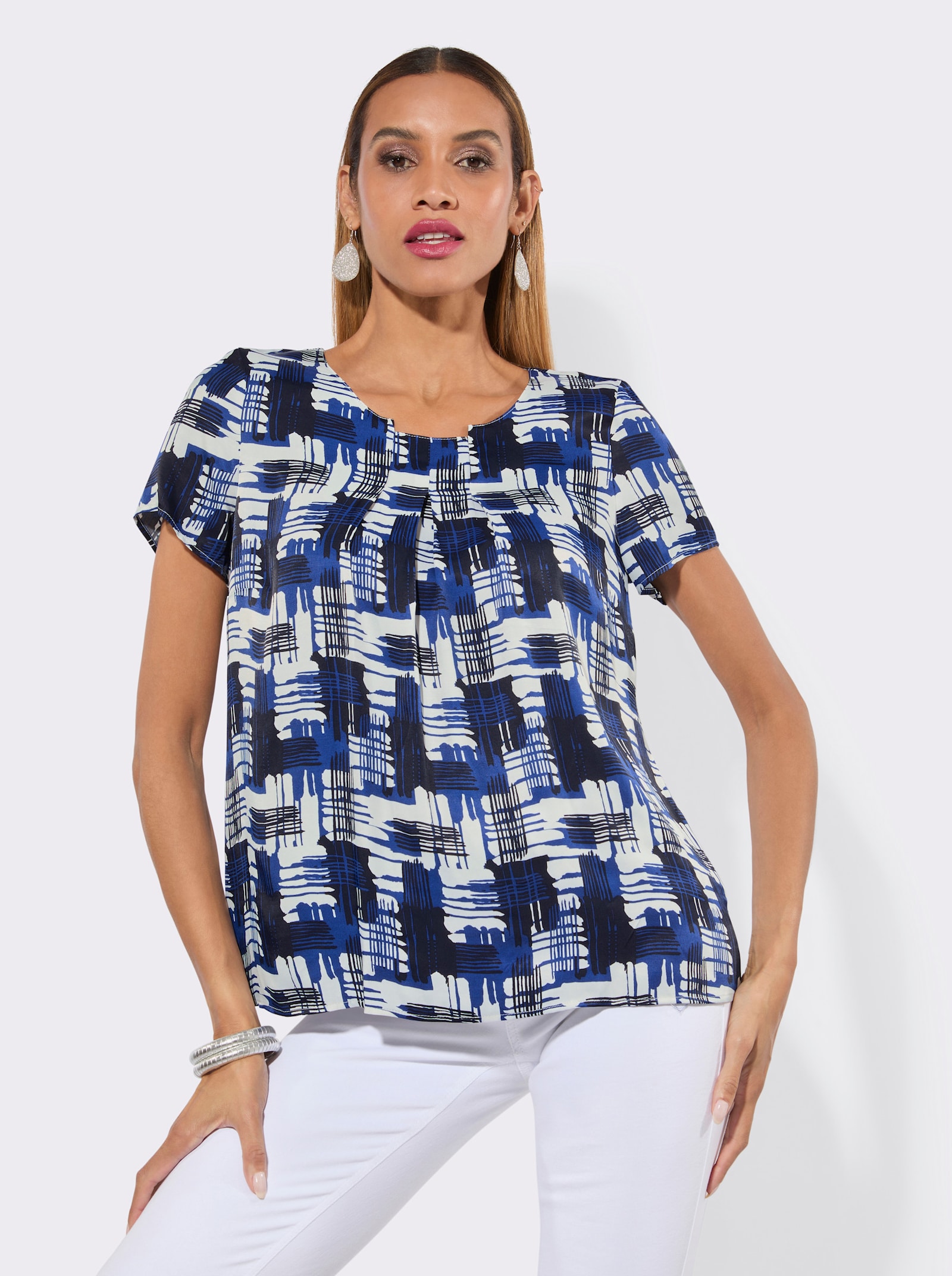 Druckbluse aus weich fließendem Satin - royalblau-ecru-bedruckt