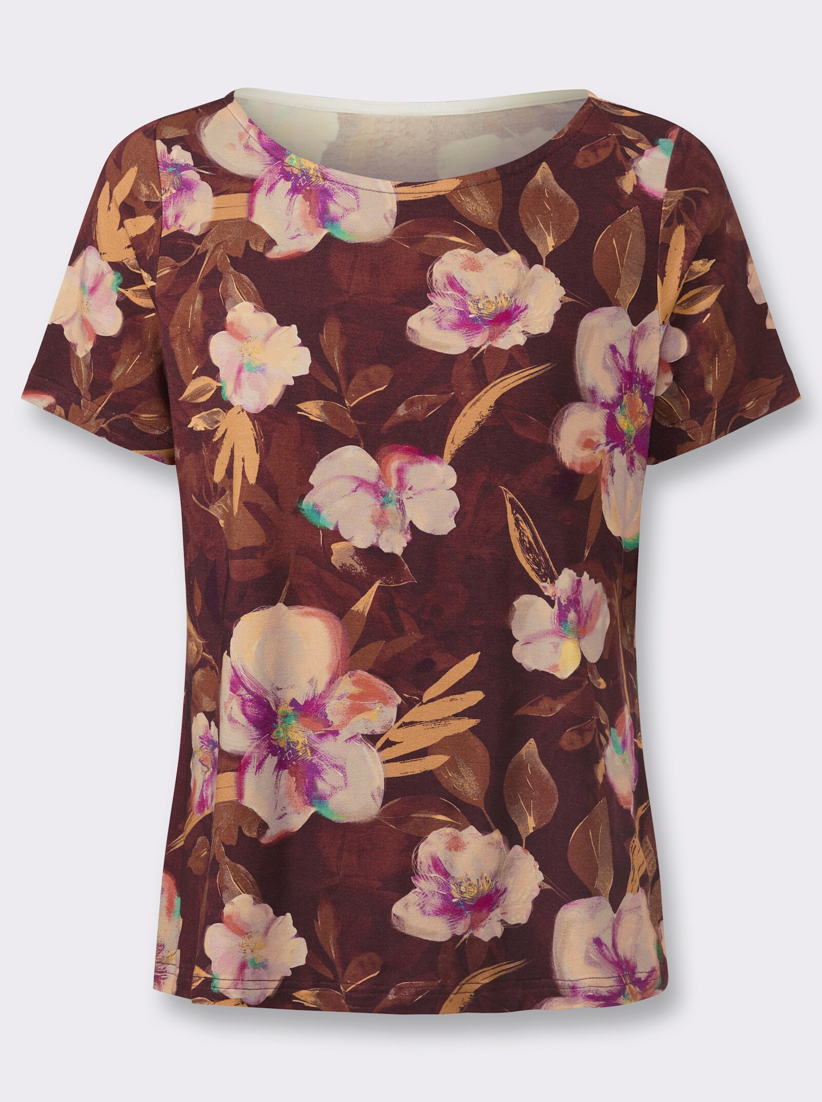 Kurzarmshirt mit U-Boot-Ausschnitt - burgund-puder-bedruckt