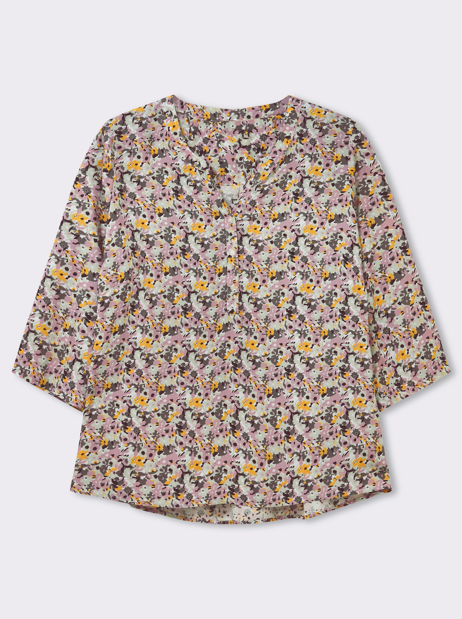 Druckbluse mit Krempelärmeln - hortensie-gelb-bedruckt
